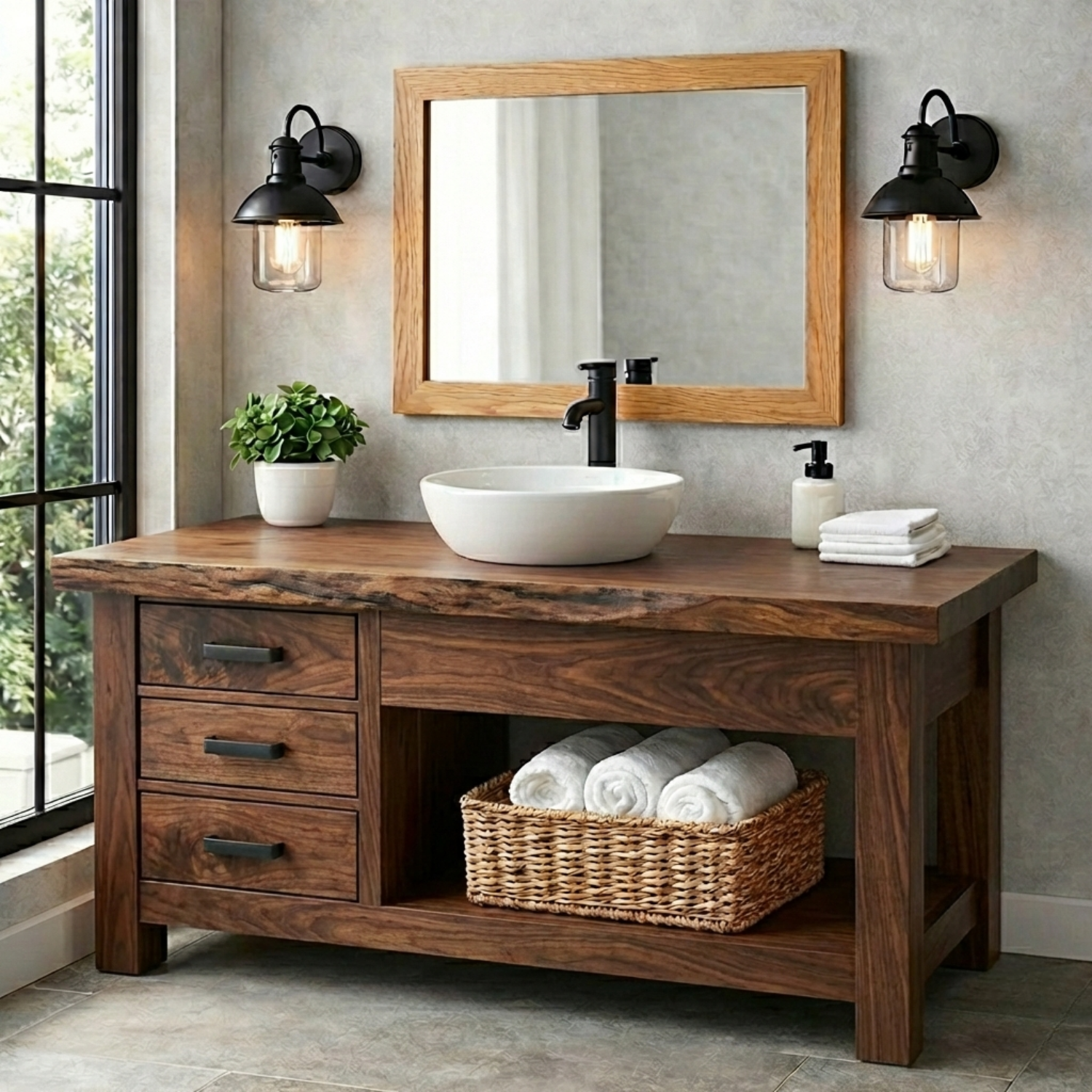 Solid Wood Bathroom Vanity with 3 Drawers and Open Shelf Storage