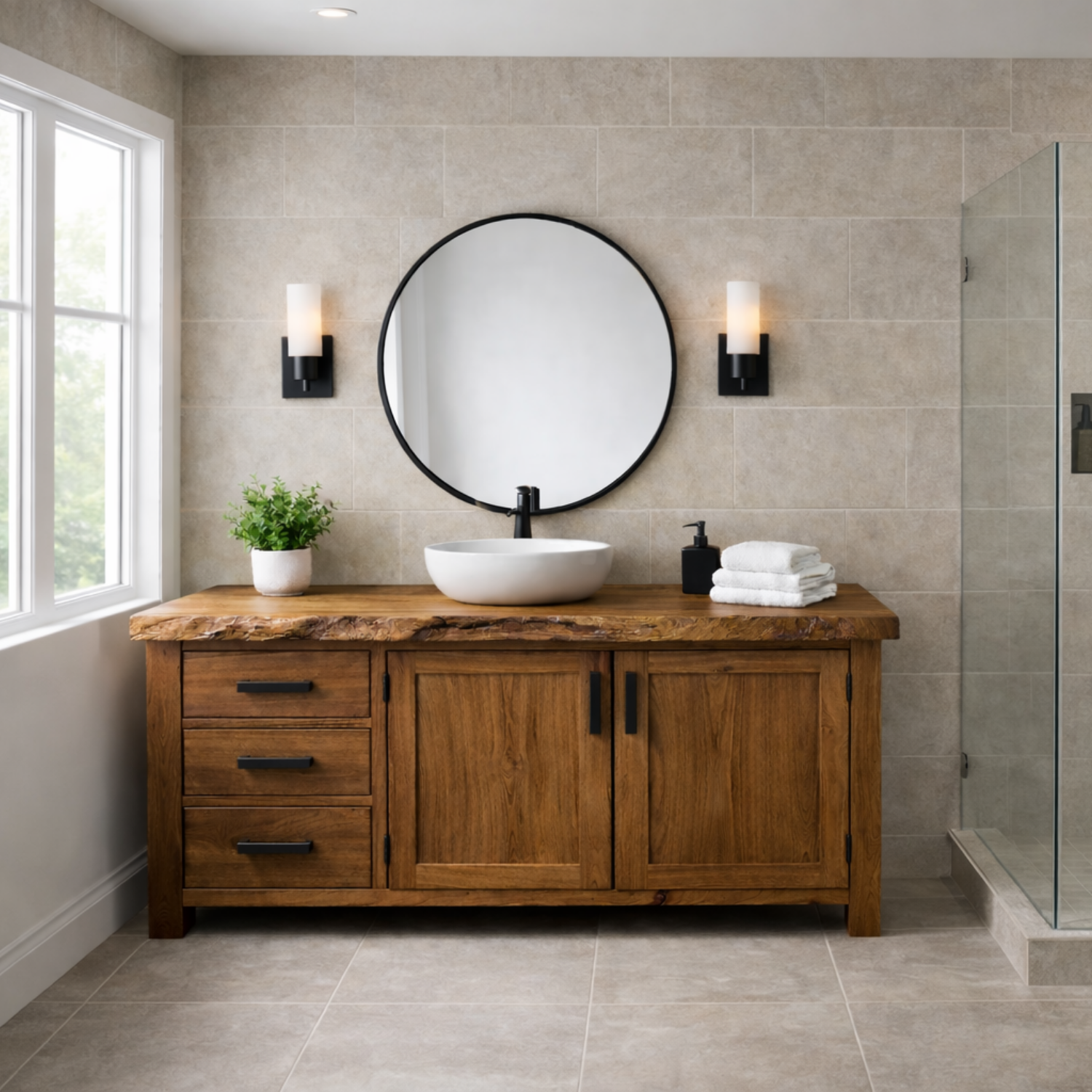 Live Edge Solid Wood Bathroom Vanity with 3 Drawers and Double Door Cabinet