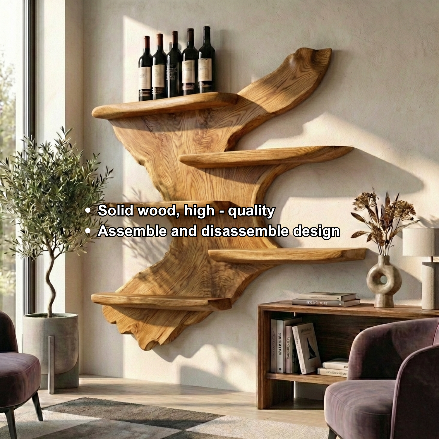 Handcrafted Solid Wood Wall Wine Holder – Sculptural Floating Wine Rack