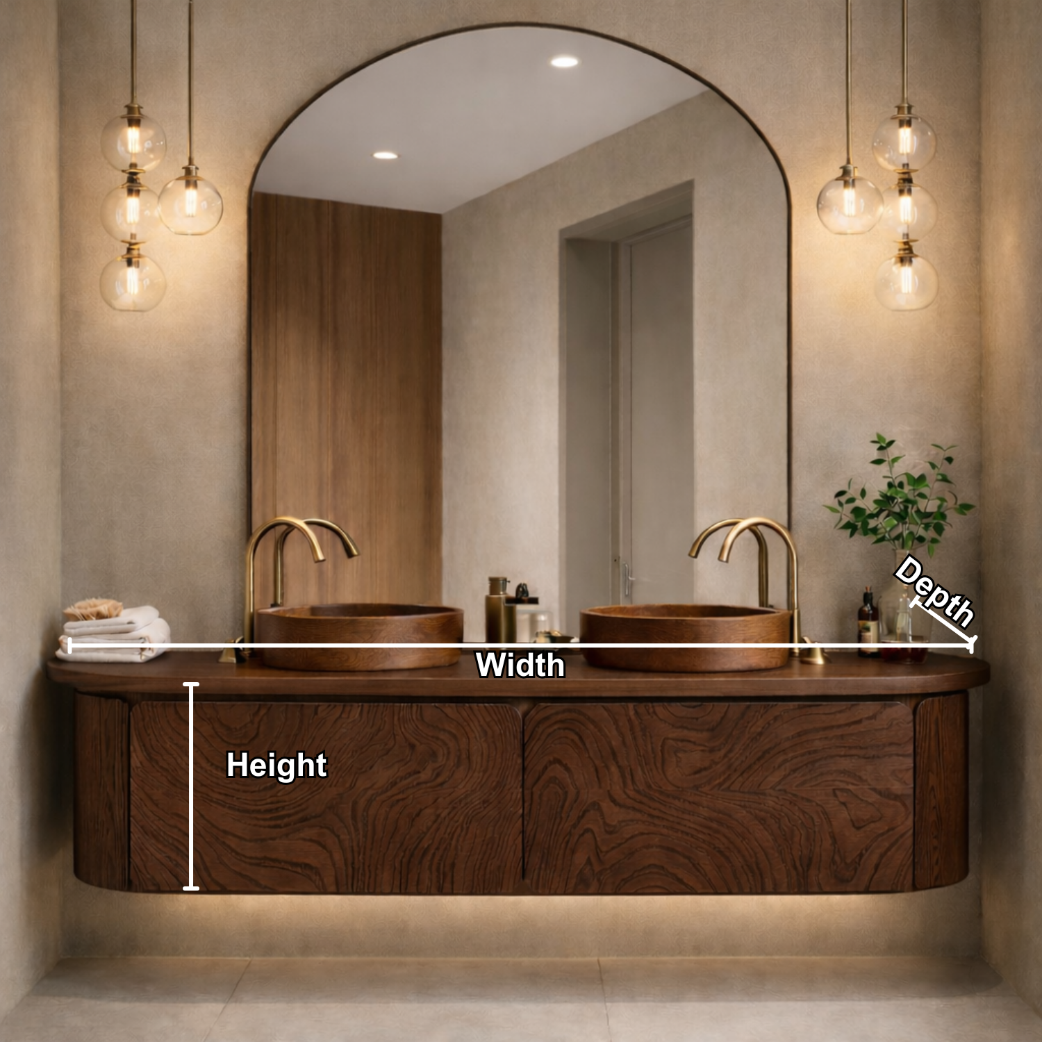 Floating Bathroom Vanity with Carved Wood Front and Rounded Edge Cabinet Design