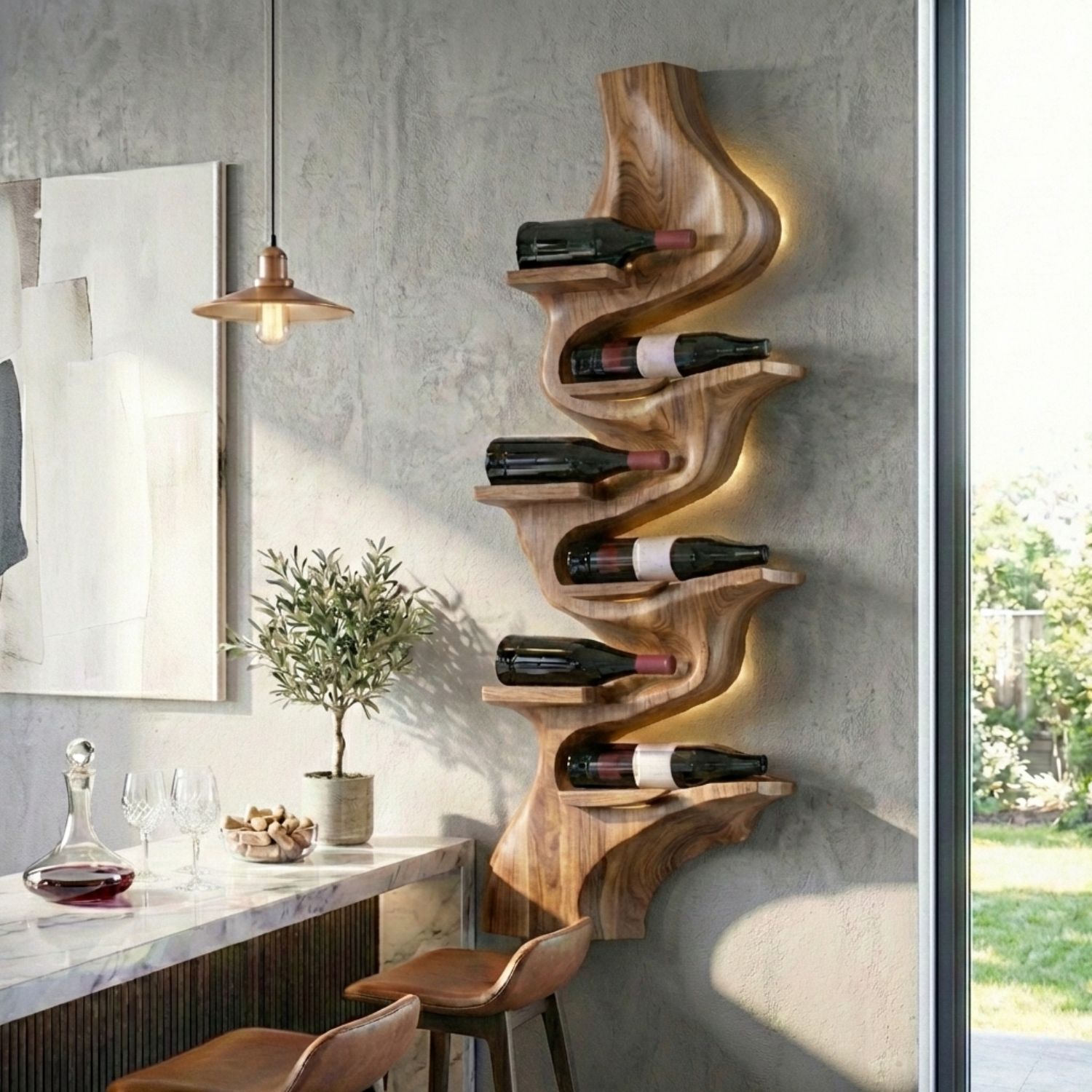 Handcrafted Solid Wood Vertical Wine Holder – Sculptural Wall Mounted Wine Rack