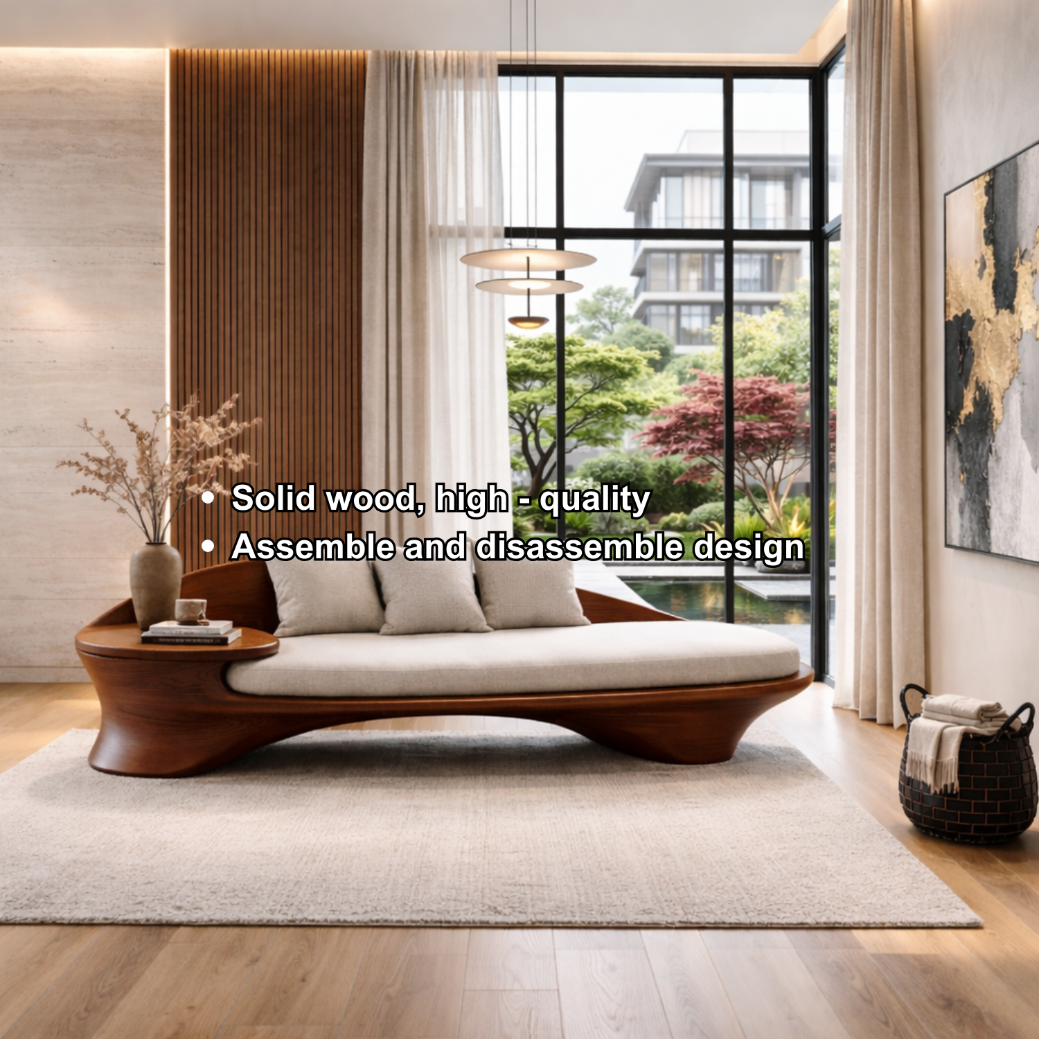 Curved Solid Wood Sofa with Integrated Side Table – Organic Modern Lounge Design