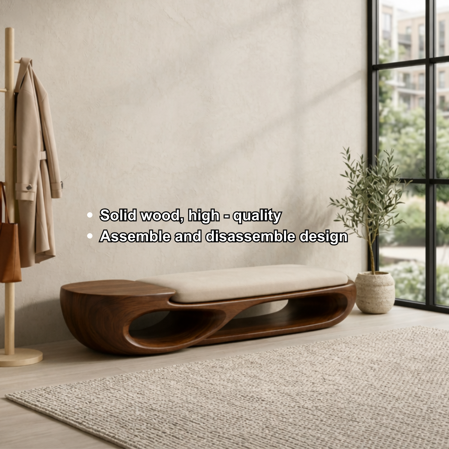 Double Curve Solid Wood Entryway Bench – Sculptural Modern Organic Design