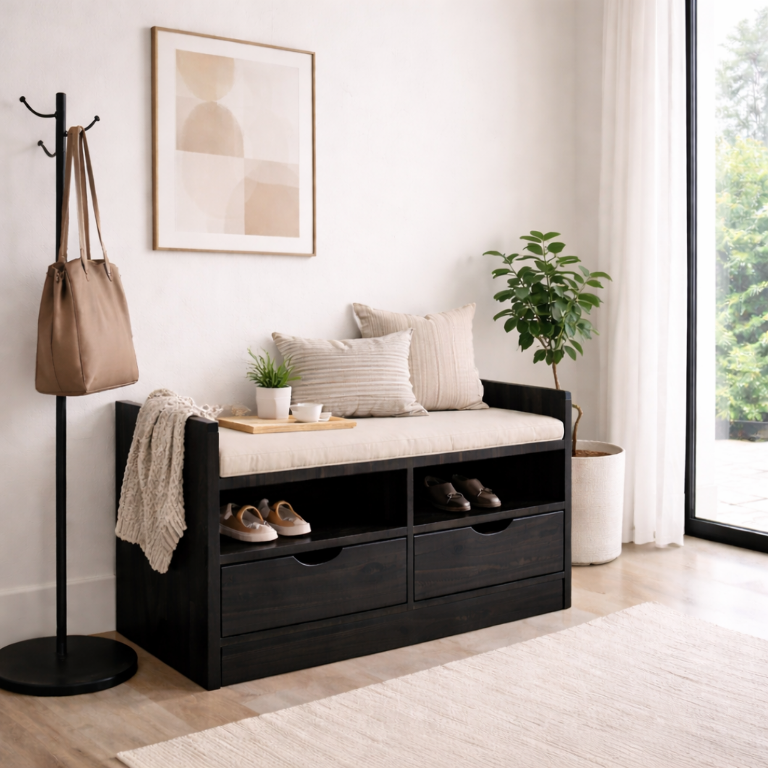 Solid Wood Storage Bench with Drawers & Open Shelf Entryway Shoe Organizer
