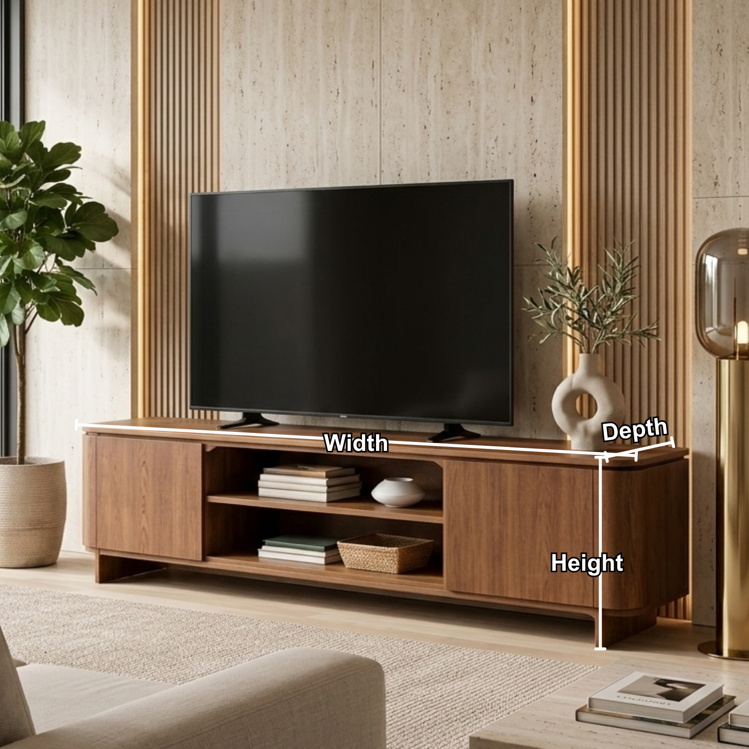 Modern Solid Wood TV Stand with Cabinets and Open Shelf – Low Profile Media Console