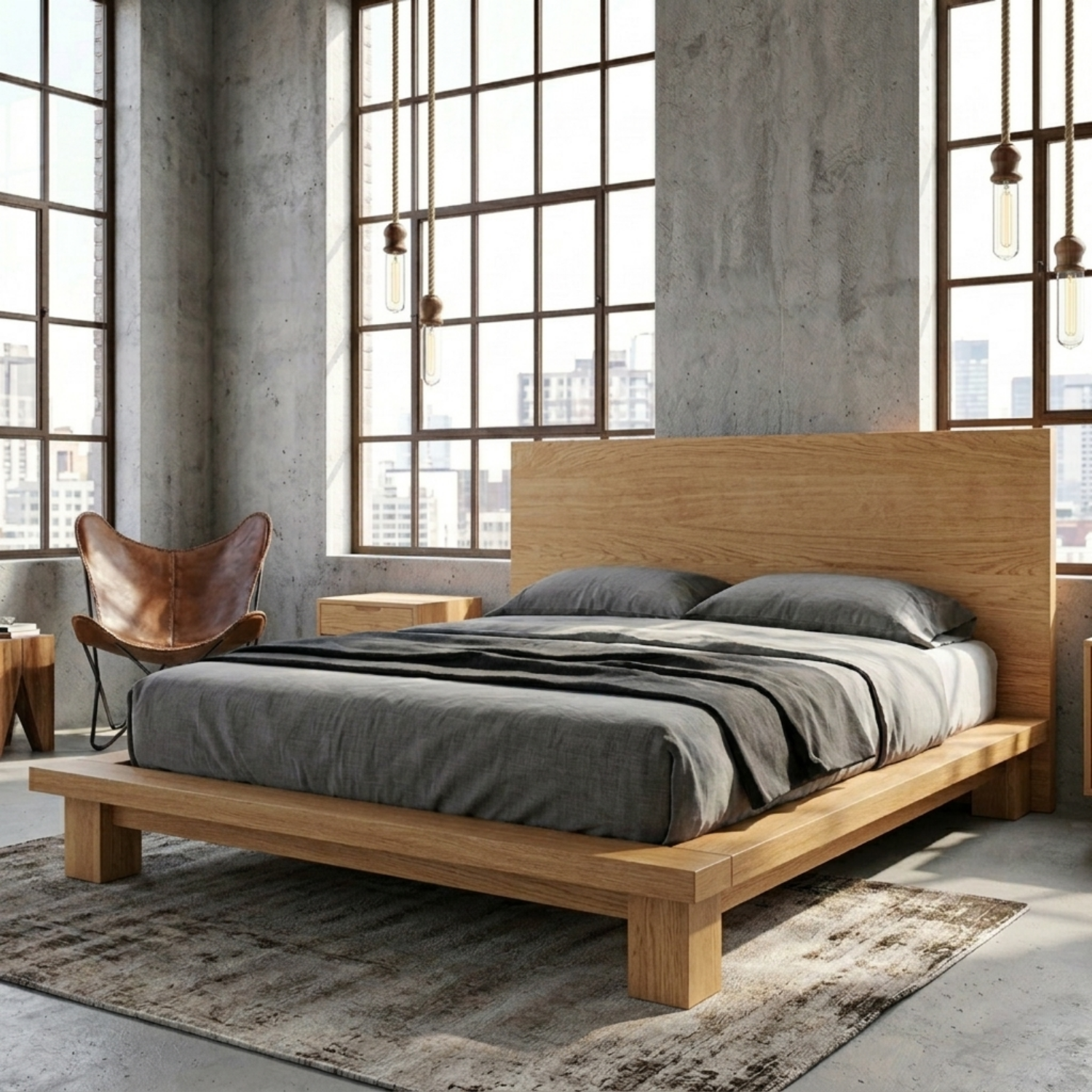 Modern Solid Wood Platform Bed Frame with Wide Panel Headboard and Block Legs