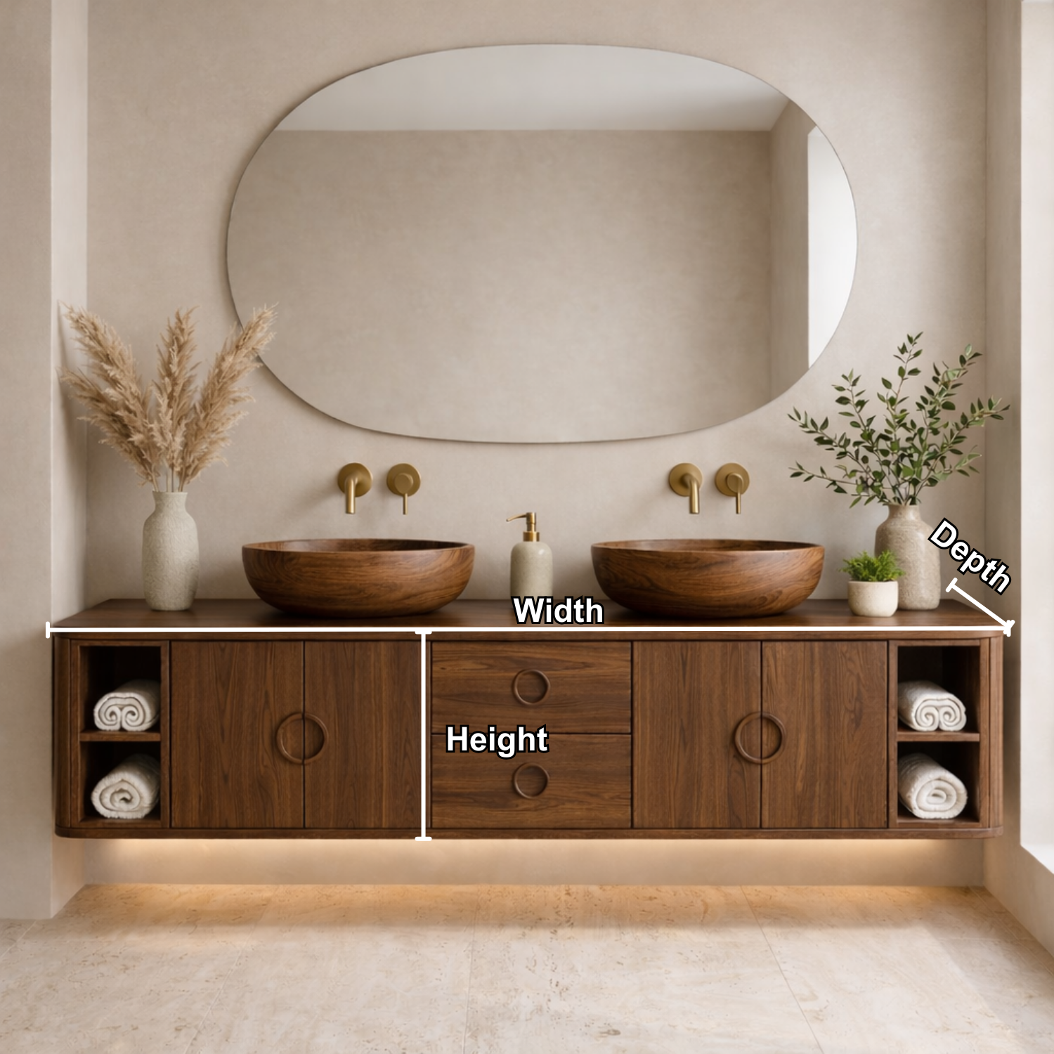 Floating Bathroom Vanity with Circle Handle Cabinets Center Drawers and Open Shelf Storage