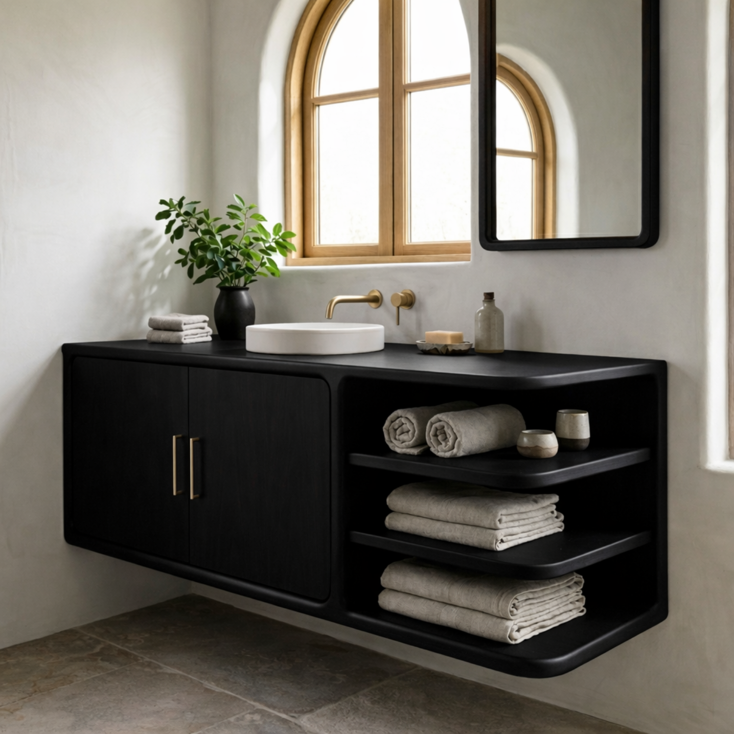 Floating Solid Wood Bathroom Vanity with Rounded Frame, Cabinet Doors and Open Shelving