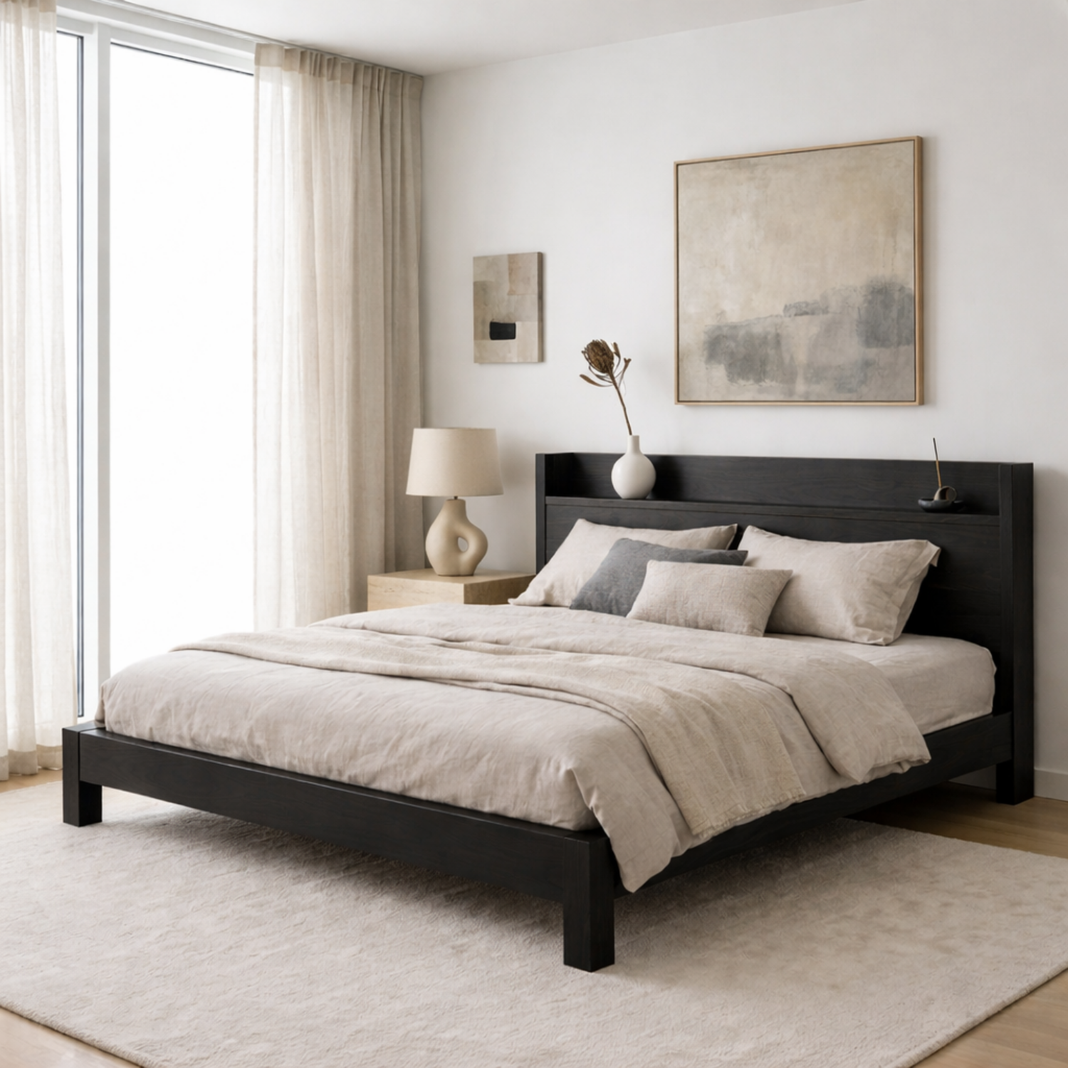 Scandinavian Style Solid Wood Platform Bed Frame with Minimalist Headboard Shelf