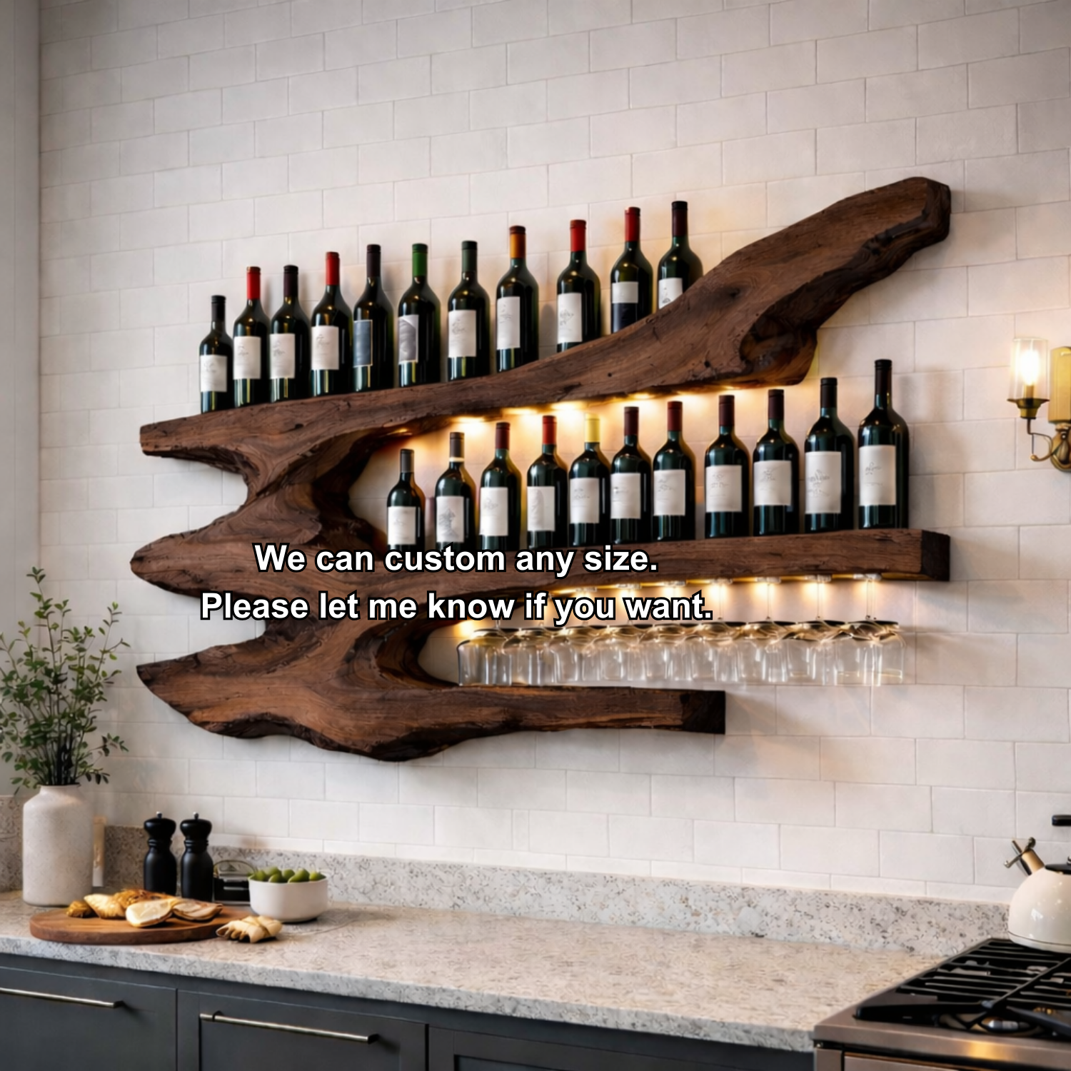 Solid Wood Live Edge Wall Wine Rack with Multi Bottle Shelves and Hanging Glass Holder
