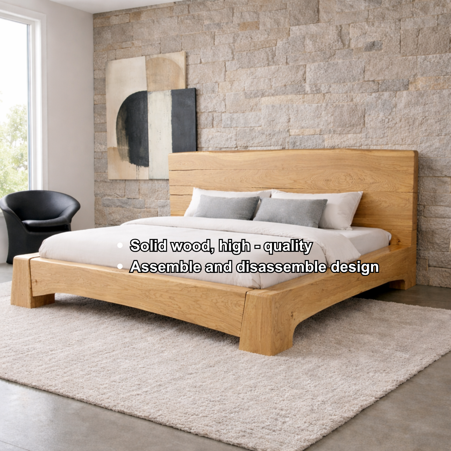 Solid Wood Platform Bed Frame with Wide Panel Headboard and Sculpted Base