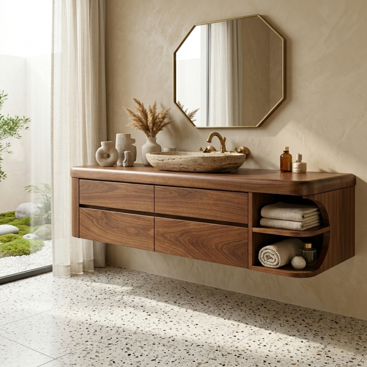 Floating Solid Wood Bathroom Vanity with Four Drawers and Rounded Side Open Shelf