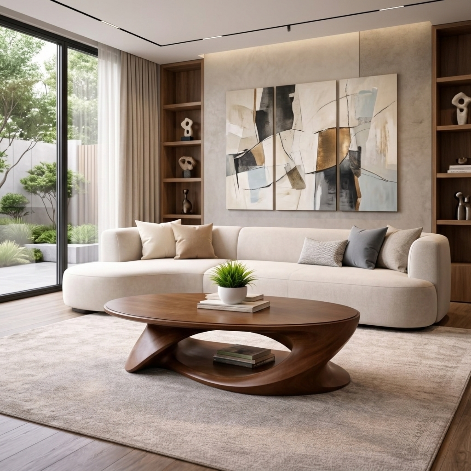 Solid Wood Oval Coffee Table with Sculptural Base – Modern Living Room Center Table