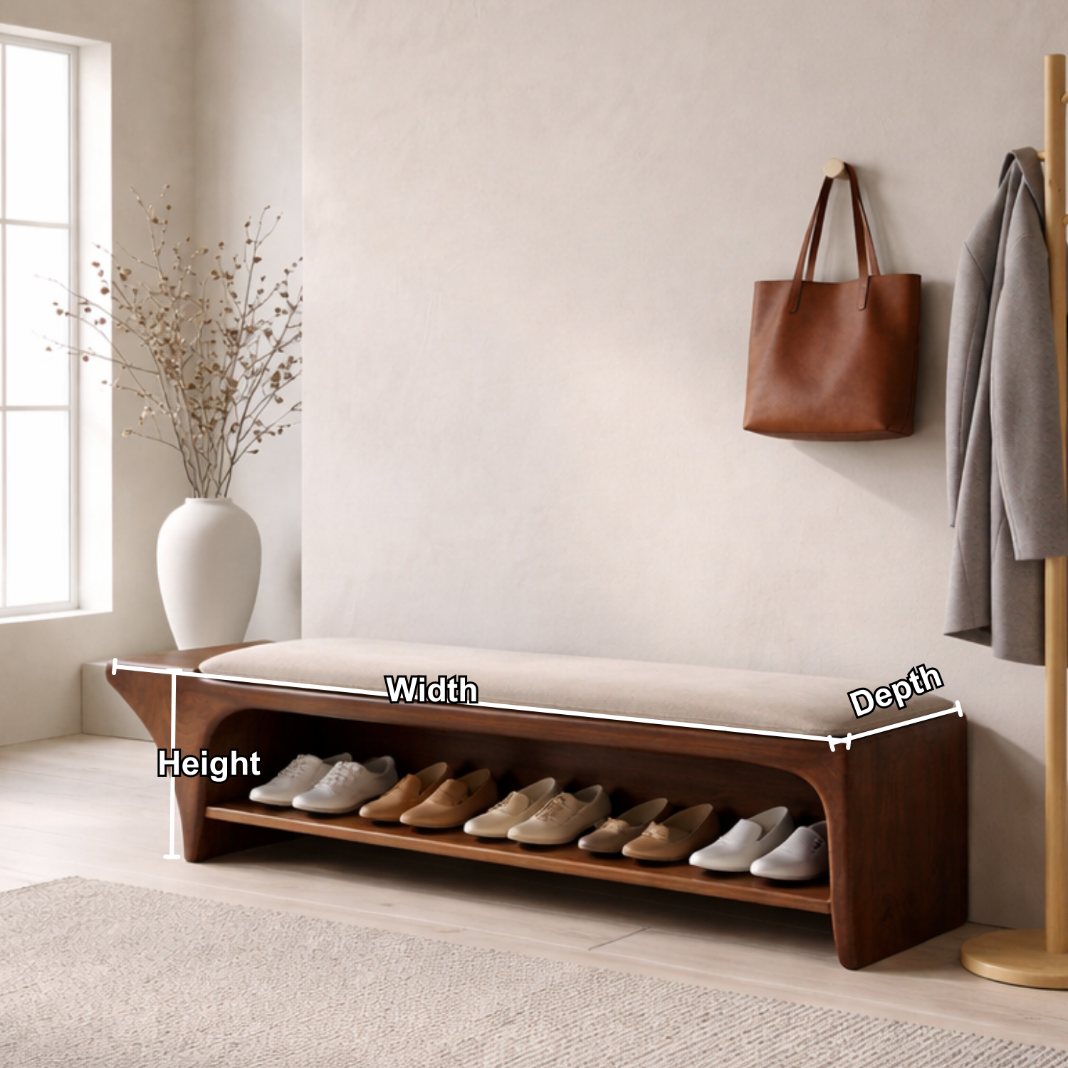 Curved Solid Wood Shoe Storage Bench with Open Shelf – Minimalist Entryway Bench