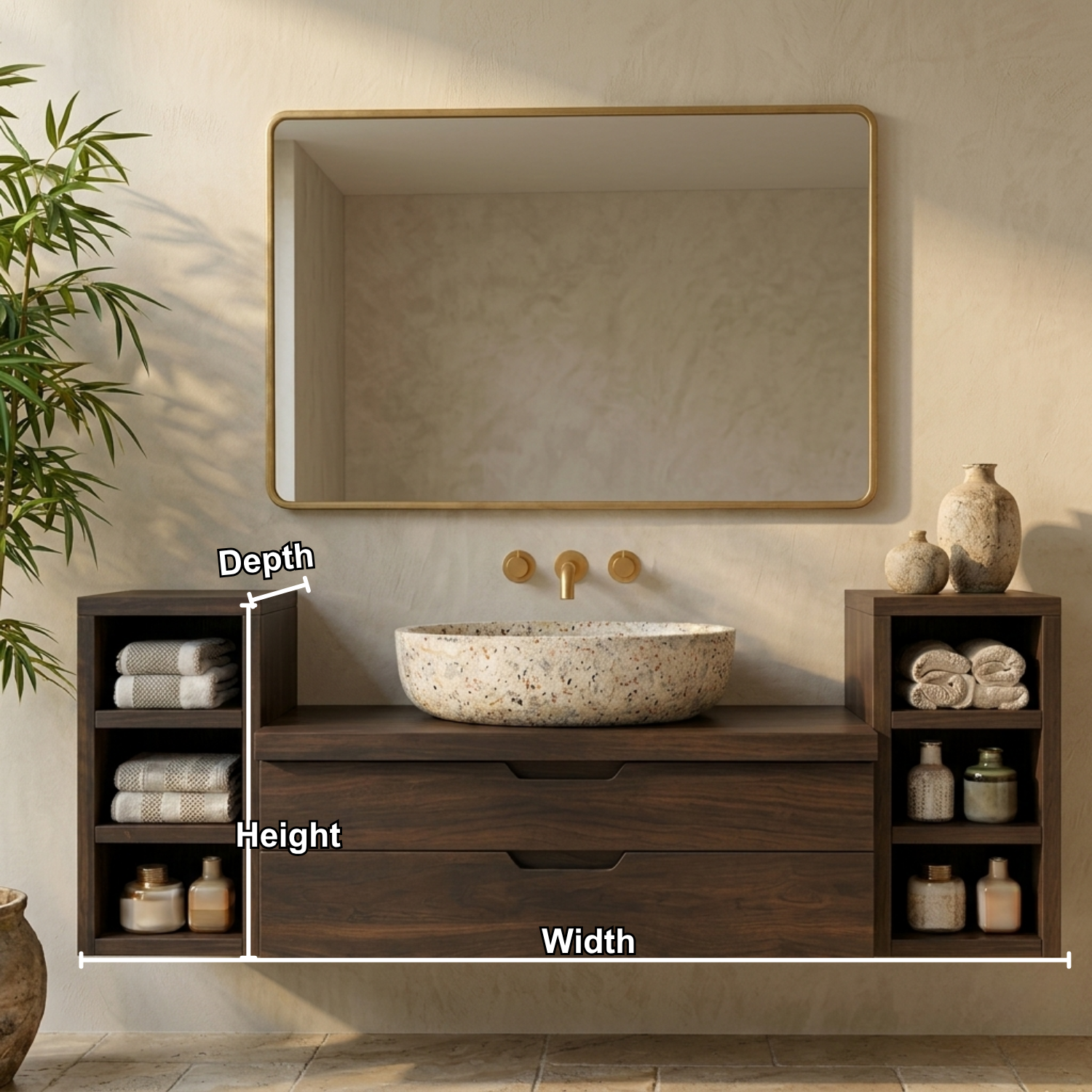 Floating Solid Wood Bathroom Vanity with Double Drawers and Open Side Shelves on Both Sides