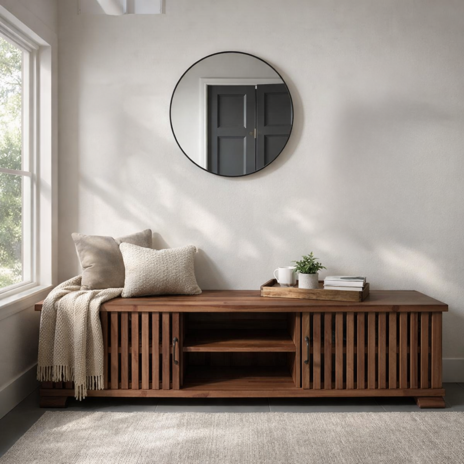 Solid Wood Storage Bench Slatted Doors Low Profile Entryway Bench with Shelf