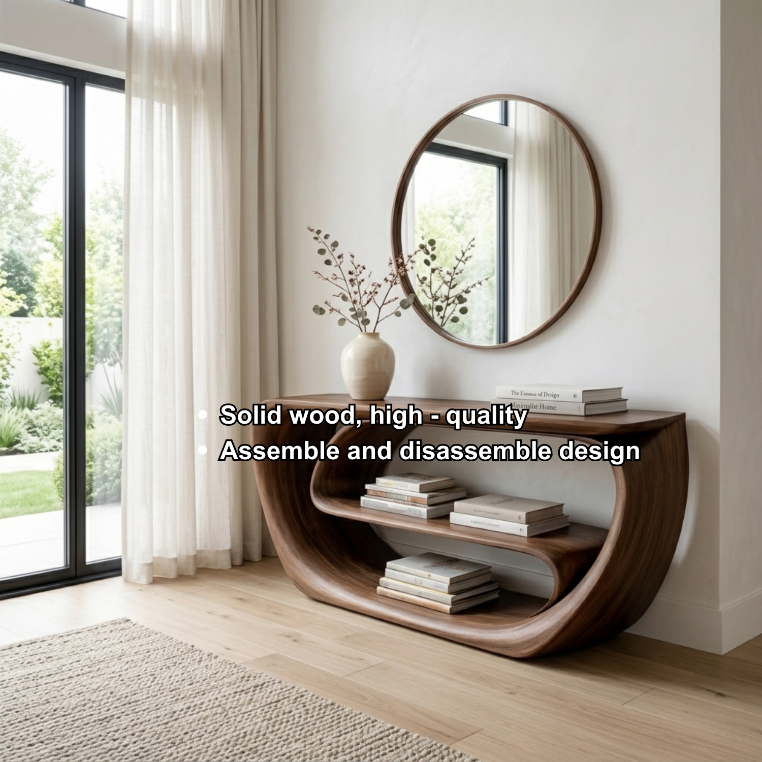 Curved Solid Wood Console Table with Open Shelves – Sculptural Modern Entryway Table