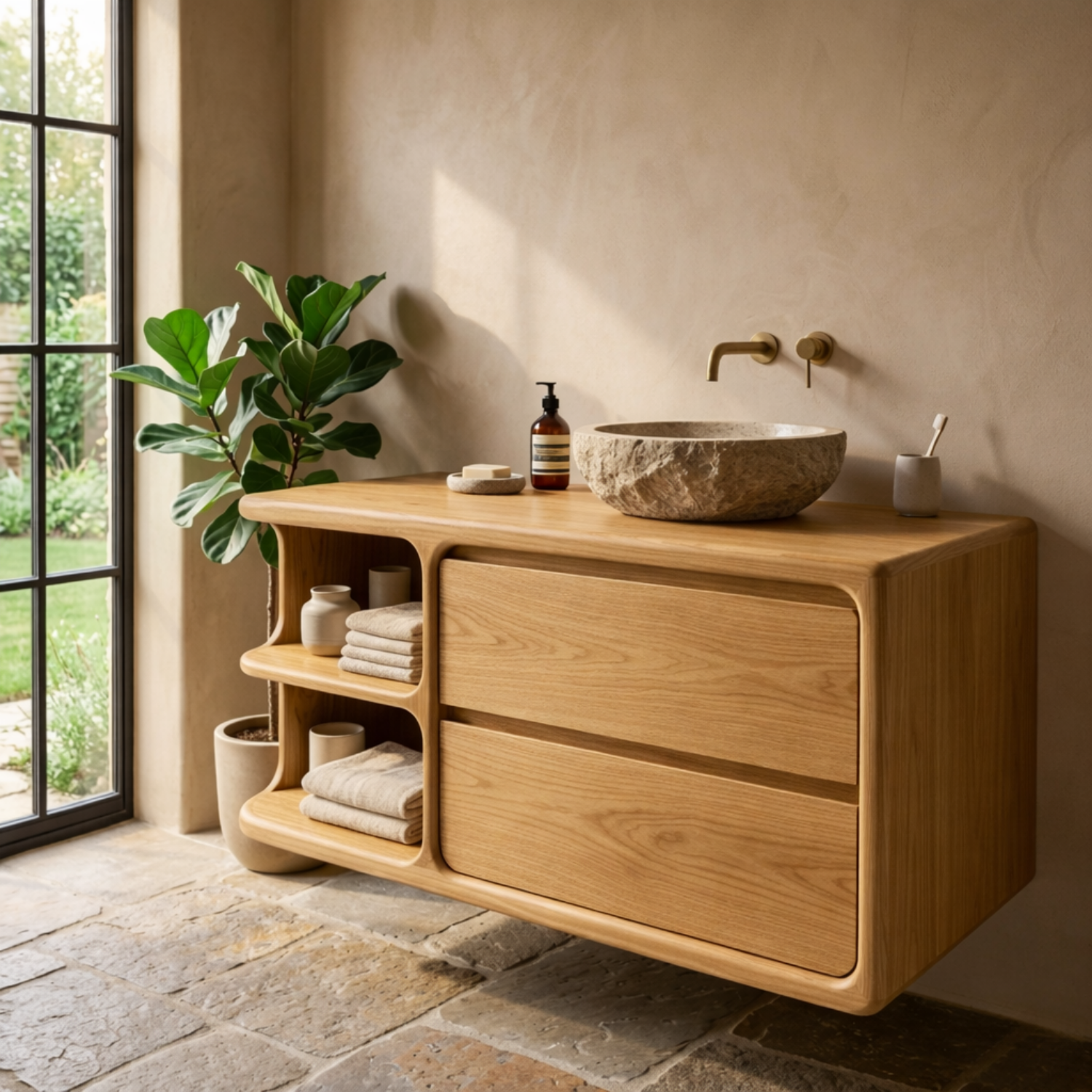 Floating Solid Wood Bathroom Vanity with Curved Frame, Two Drawers and Sculpted Open Shelves