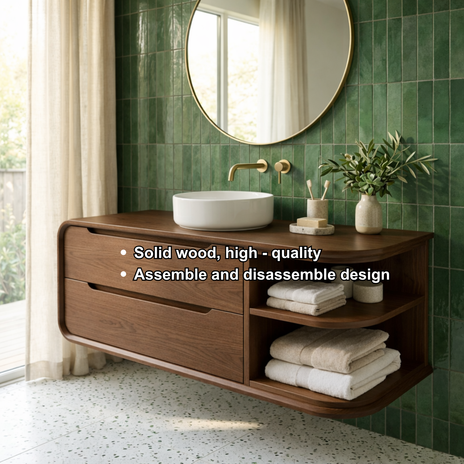 Floating Solid Wood Bathroom Vanity with Rounded Corners, Two Drawers and Open Shelf