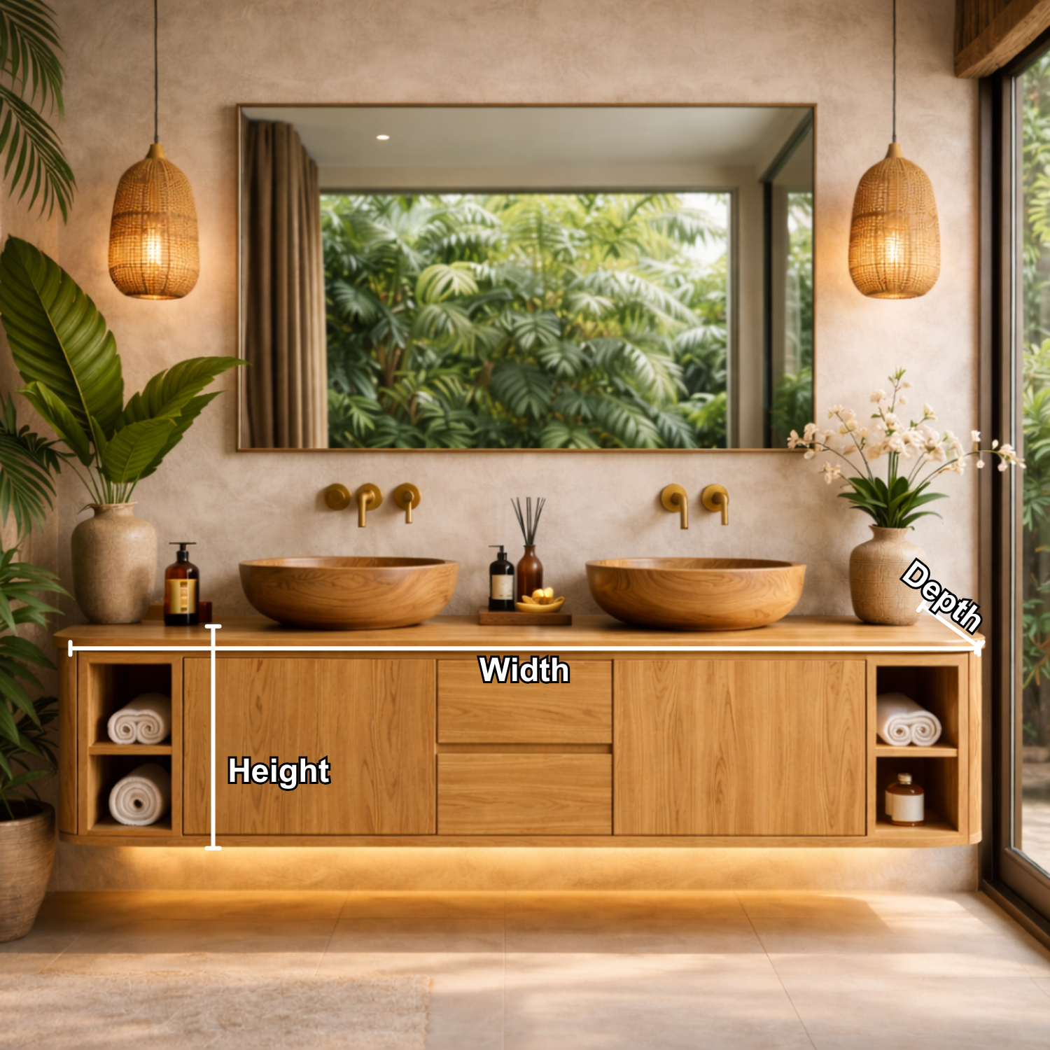 Solid Wood Floating Bathroom Vanity with Center Drawers and Open Side Shelves Storage Design