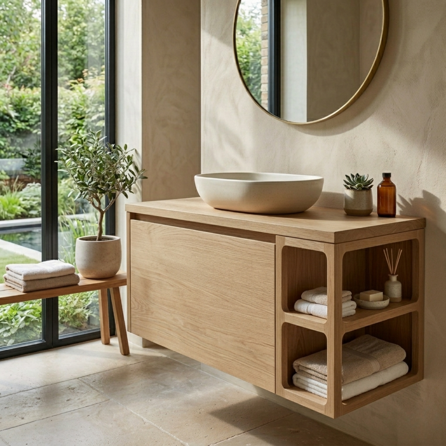 Floating Solid Wood Bathroom Vanity with Cabinet Storage and Sculpted Side Shelves