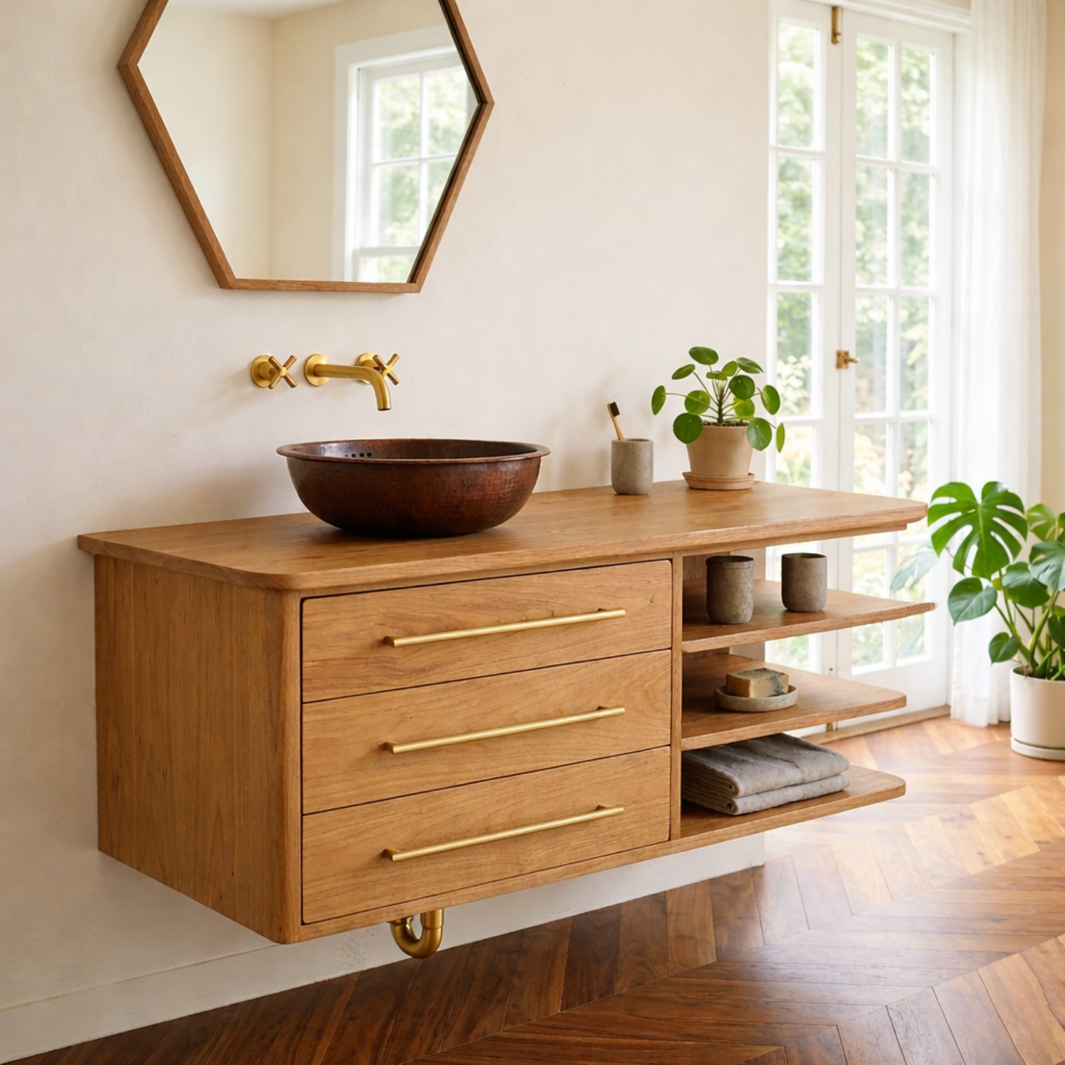 Floating Solid Wood Bathroom Vanity with Three Drawers and Side Open Shelving