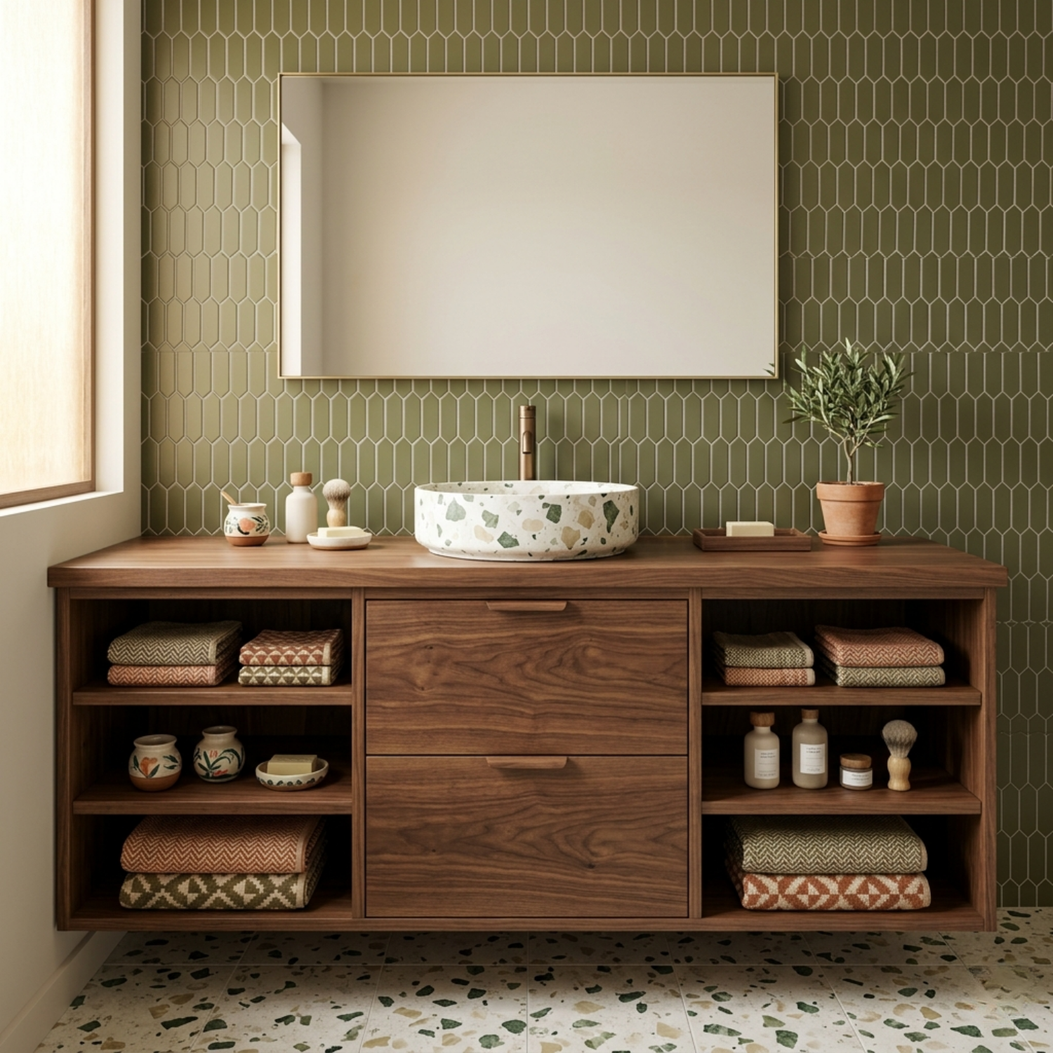 Floating Solid Wood Bathroom Vanity with Open Shelves and Double Drawers