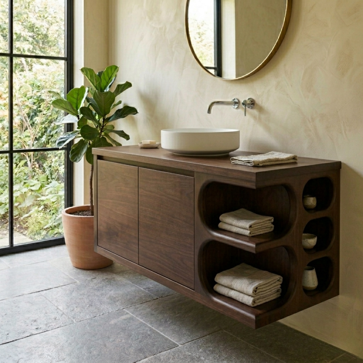 Floating Solid Wood Bathroom Vanity with Cabinet Doors and Sculpted Side Storage