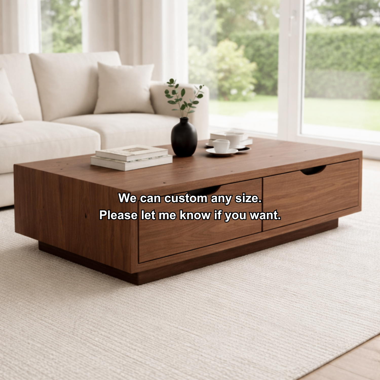 Solid Wood Coffee Table with Storage Drawers – Modern Low Profile Living Room Table