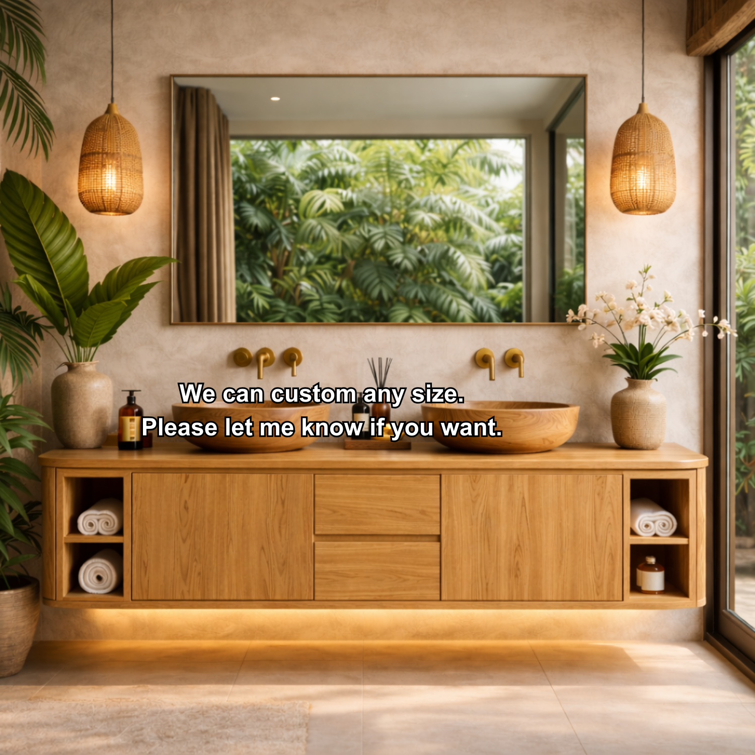 Solid Wood Floating Bathroom Vanity with Center Drawers and Open Side Shelves Storage Design