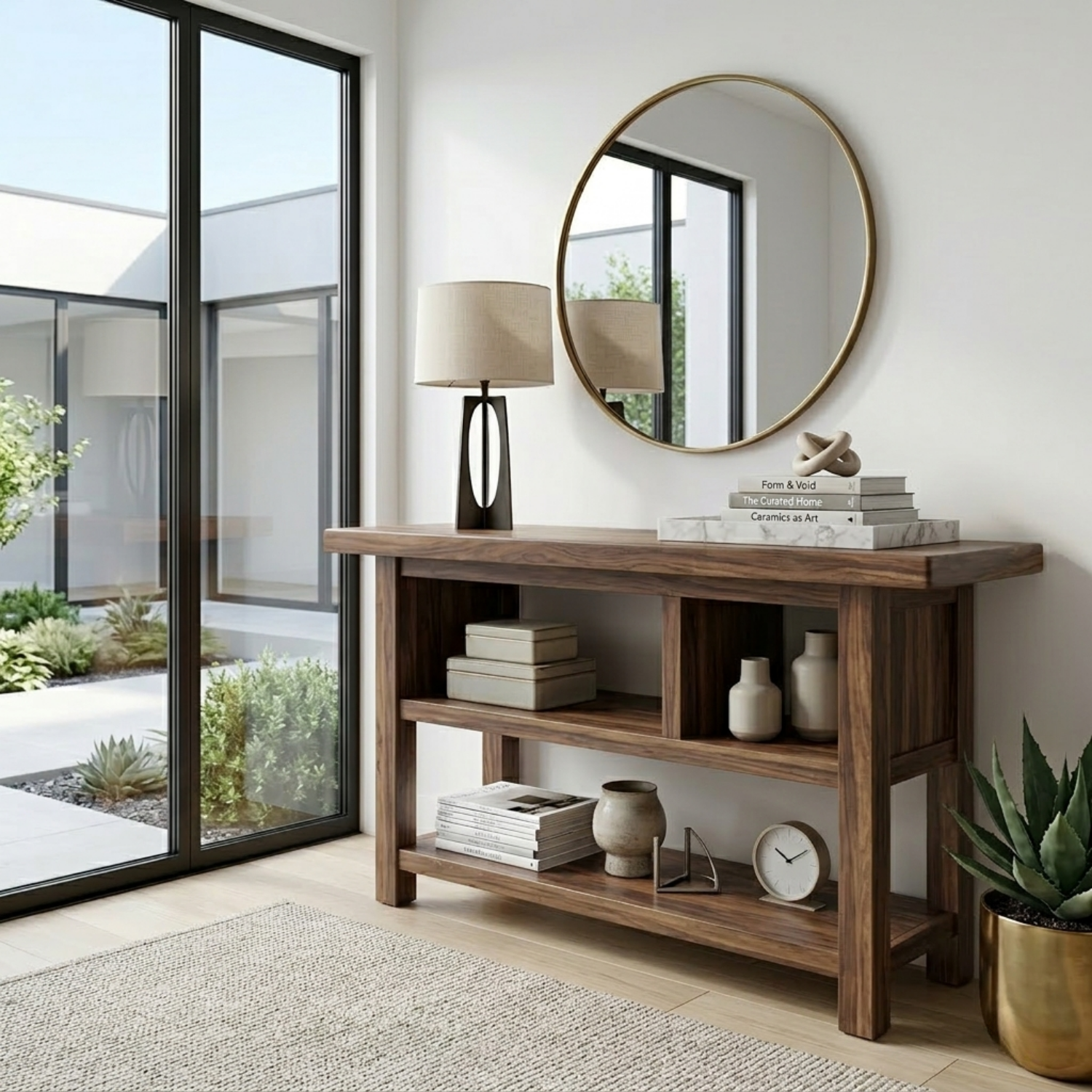 Solid Wood Console Table with Open Shelves – Modern Minimalist Entryway Display Table