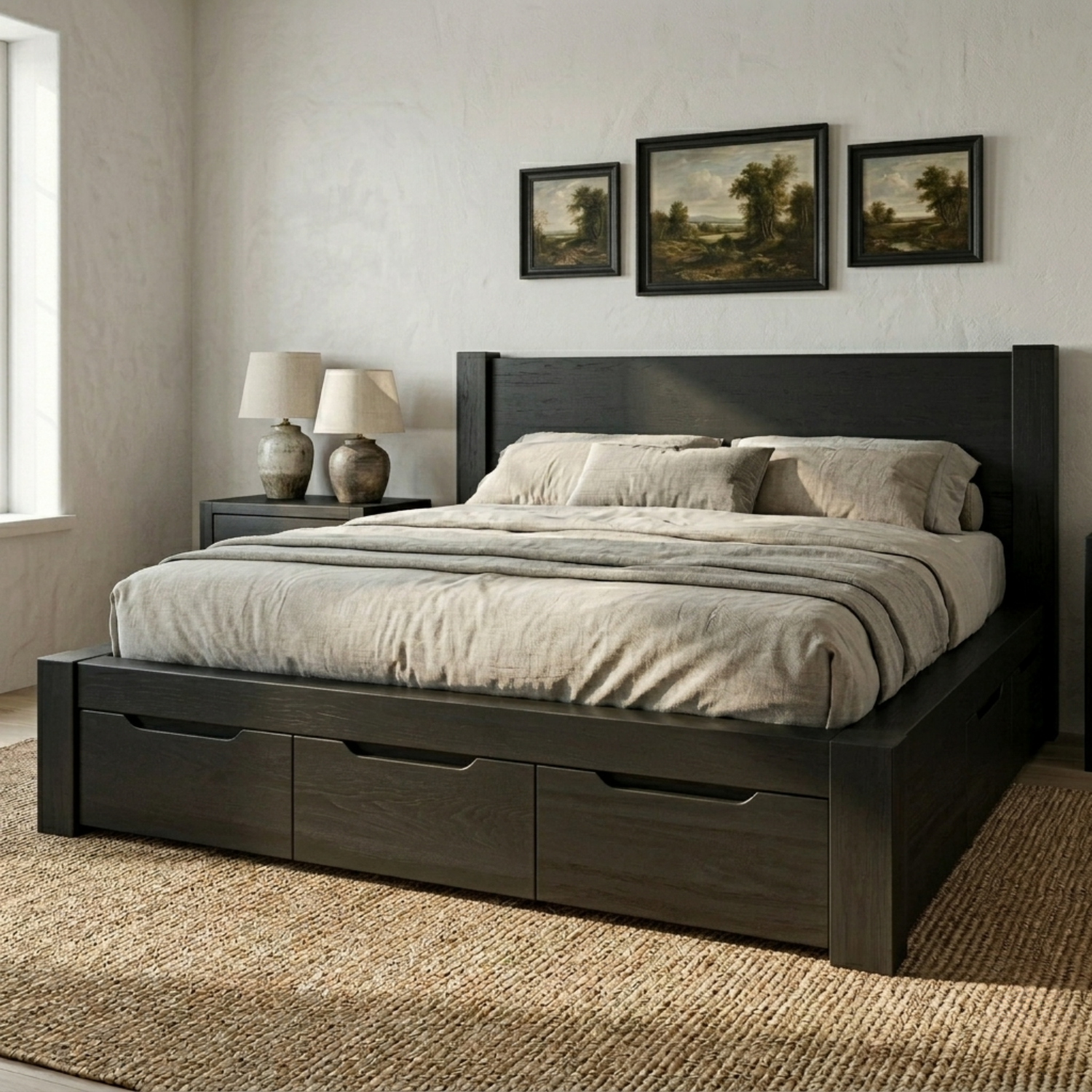 Solid Wood Platform Bed Frame with Underbed Storage Drawers and Panel Headboard