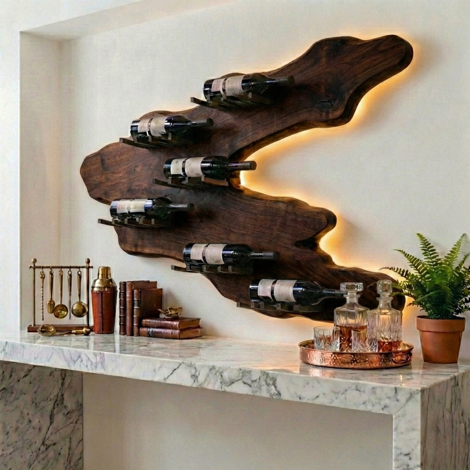 Handcrafted Solid Wood Wall Wine Holder – Live Edge Backlit Sculptural Wine Rack