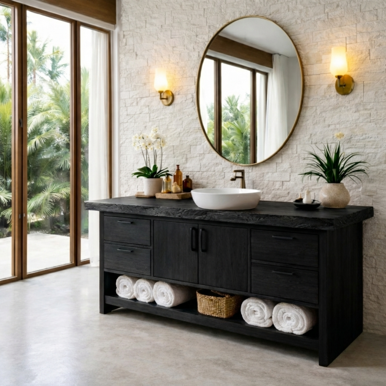 Solid Wood Bathroom Vanity with Drawers, Double Doors and Open Shelf