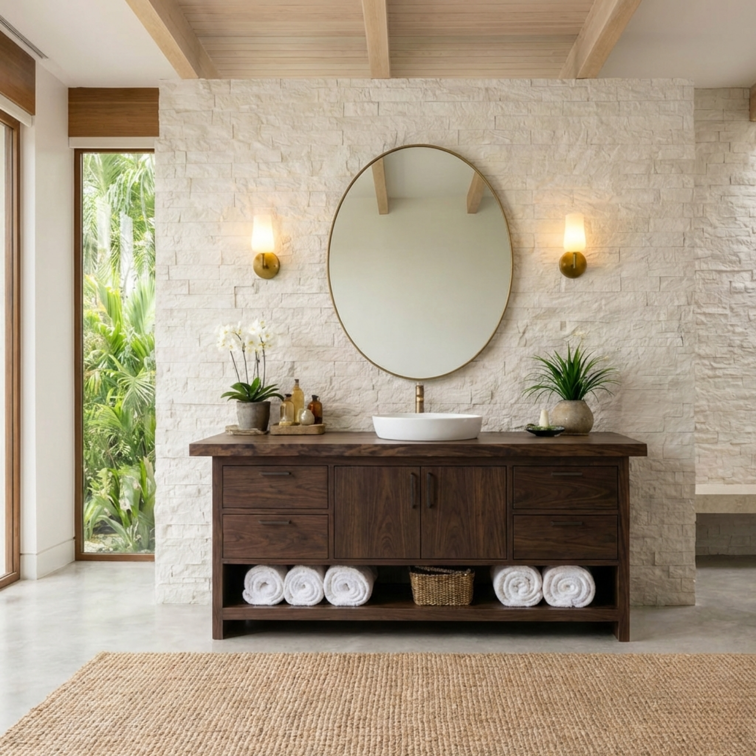 Solid Wood Bathroom Vanity with Drawers, Double Doors and Open Shelf