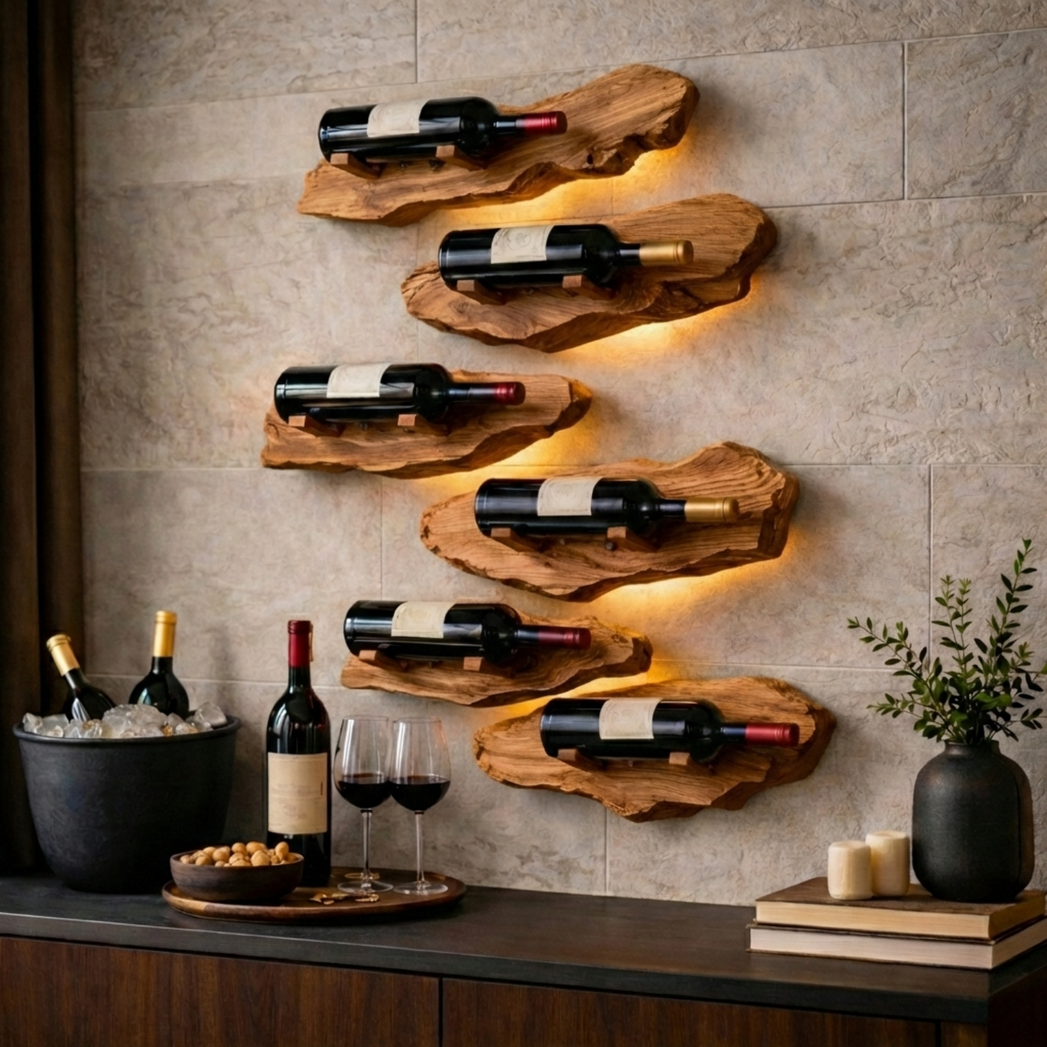 Handcrafted Live Edge Wood Wine Holder – Wall Mounted Solid Wood Wine Rack