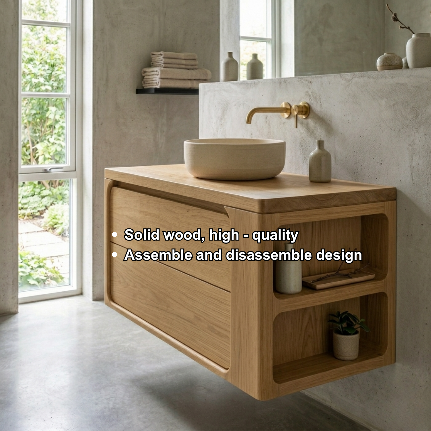 Floating Solid Wood Bathroom Vanity with Curved Frame and Integrated Side Shelves