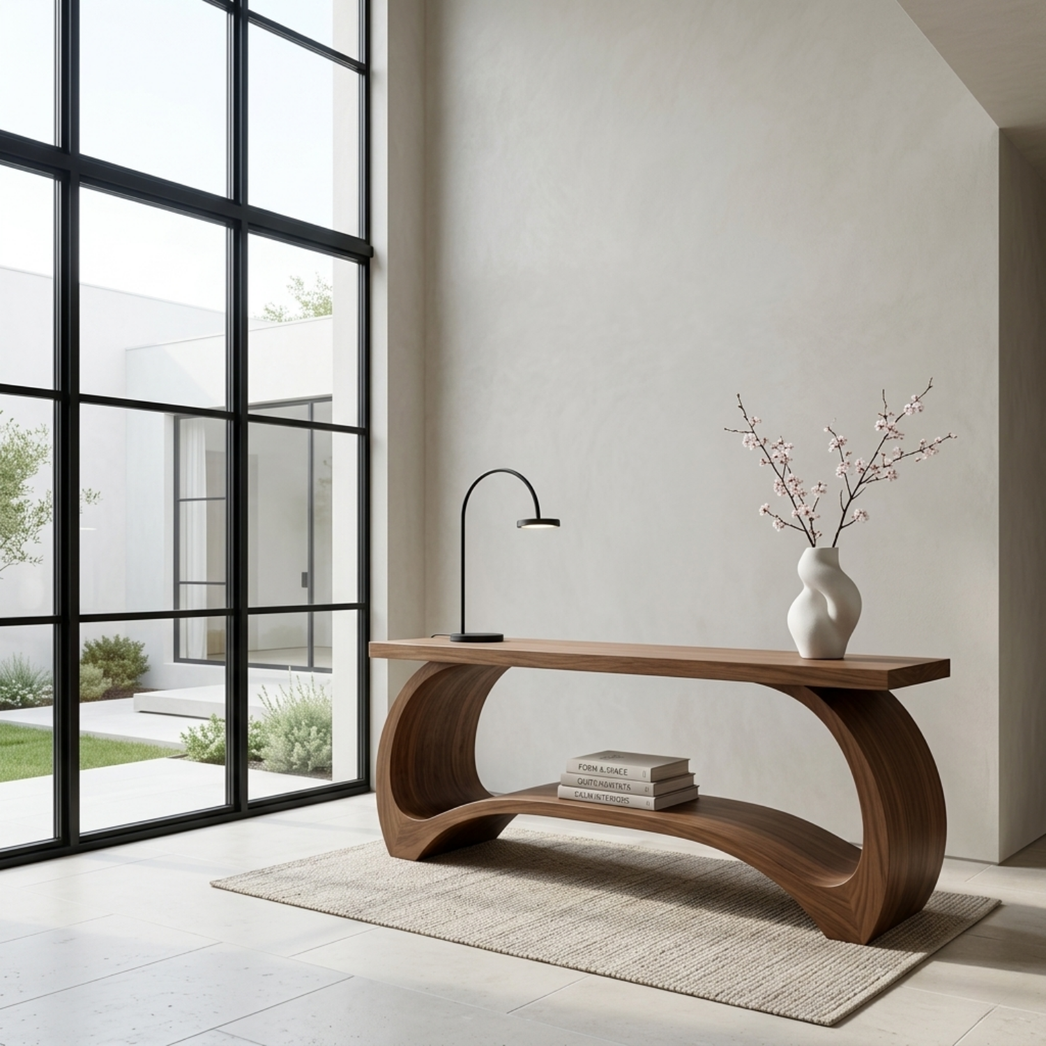 Sculptural Solid Wood Console Table with Curved Base – Modern Statement Entryway Table