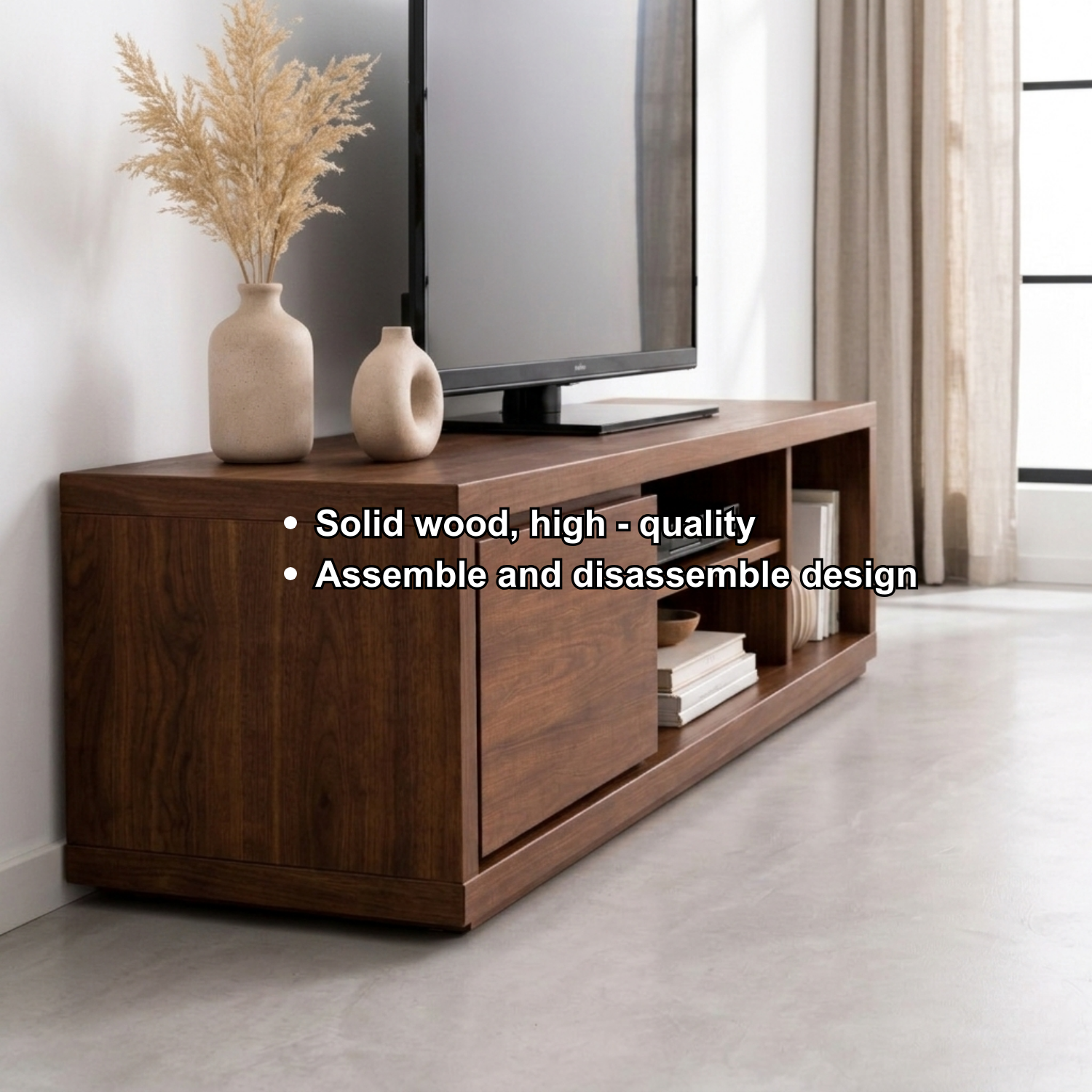 Solid Wood TV Stand with Sliding Door and Open Shelves – Modern Media Console