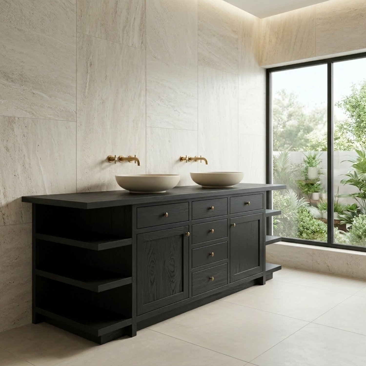 Double Solid Wood Bathroom Vanity - Handcrafted Farmhouse Cabinet with Side Shelves