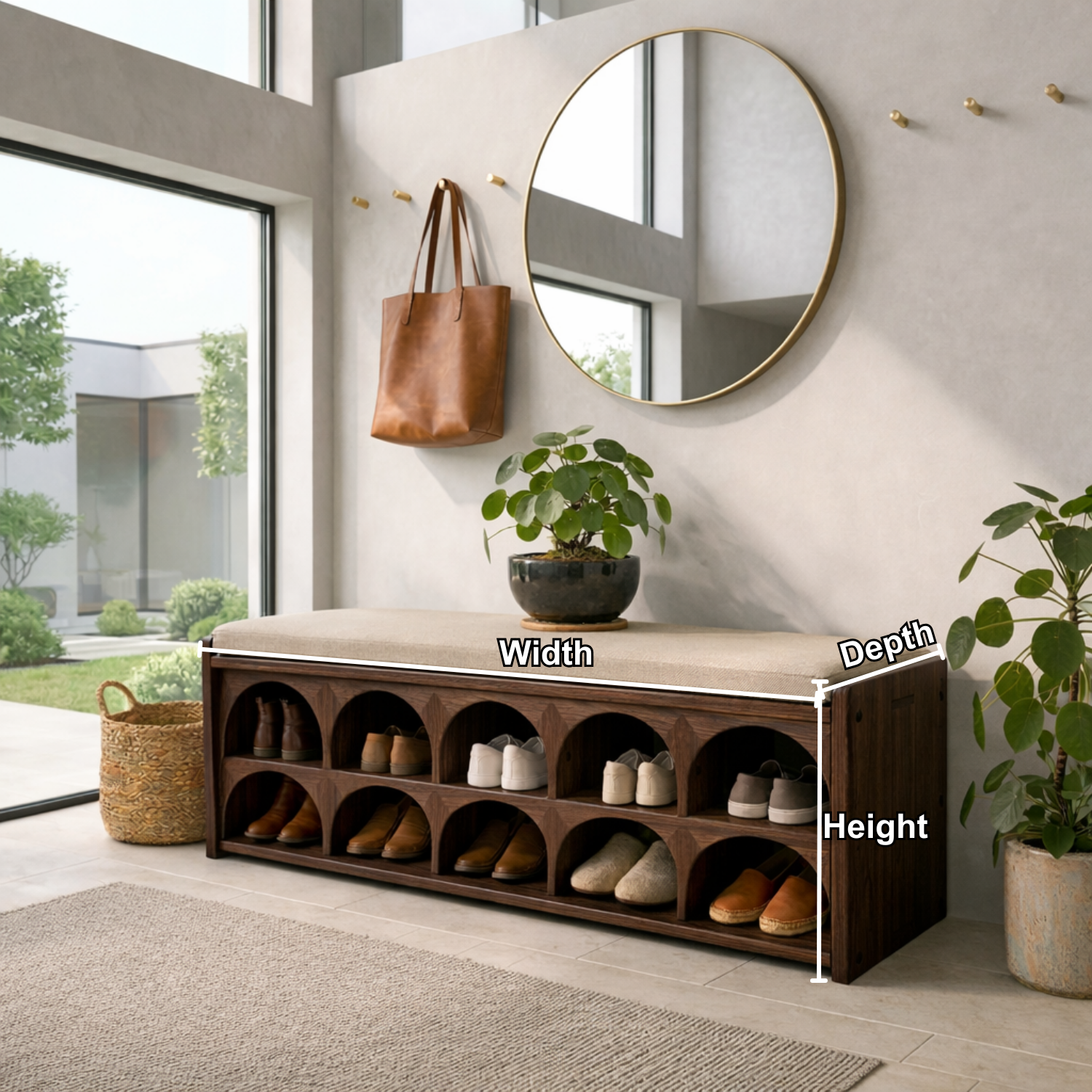 Solid Wood Shoe Storage Bench with Arched Cubby Shelves – Entryway Shoe Bench