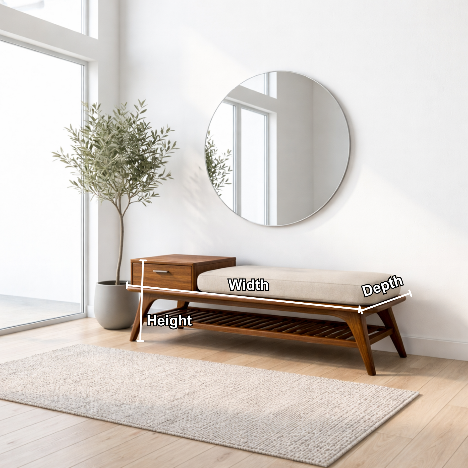 Mid-Century Solid Wood Shoe Storage Bench with Drawer and Open Shelf