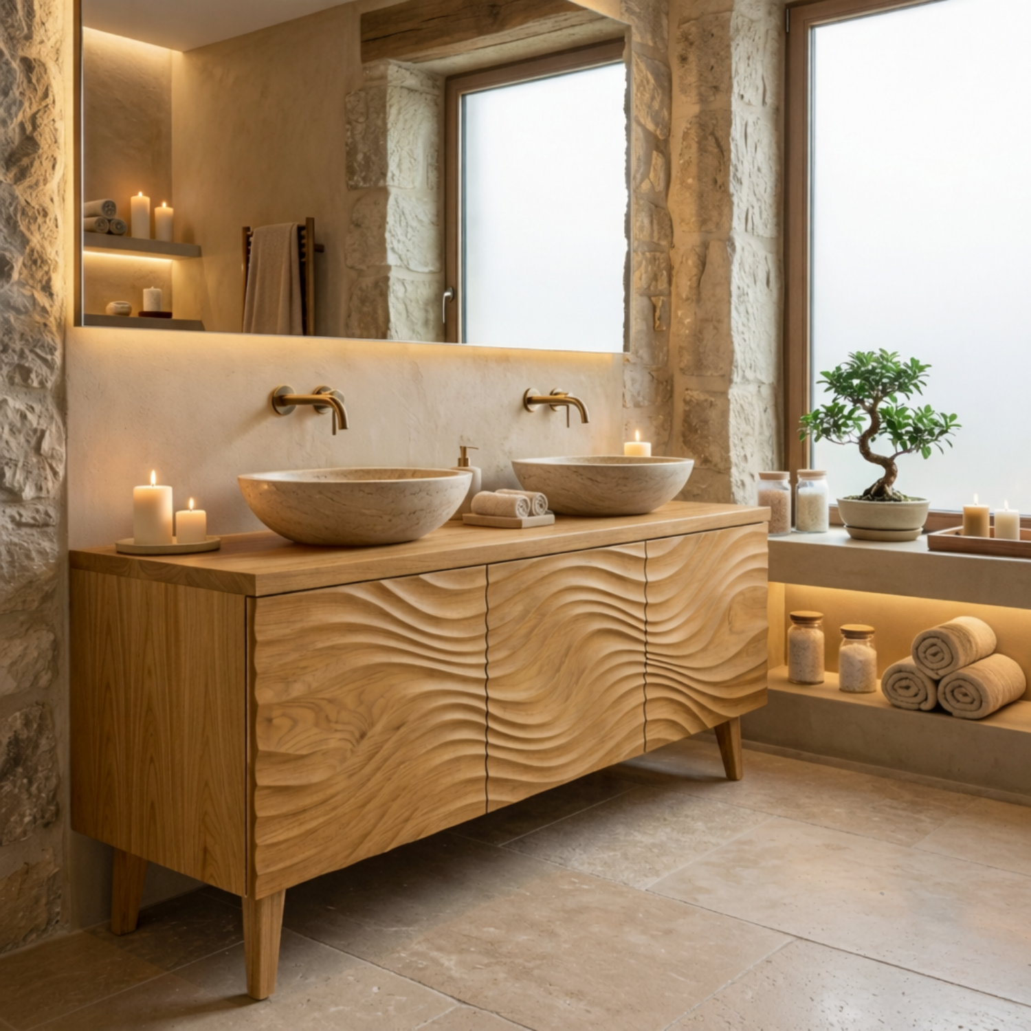 Solid Wood Bathroom Vanity with 3D Wave Carving & Legs – Rustic Spa Style