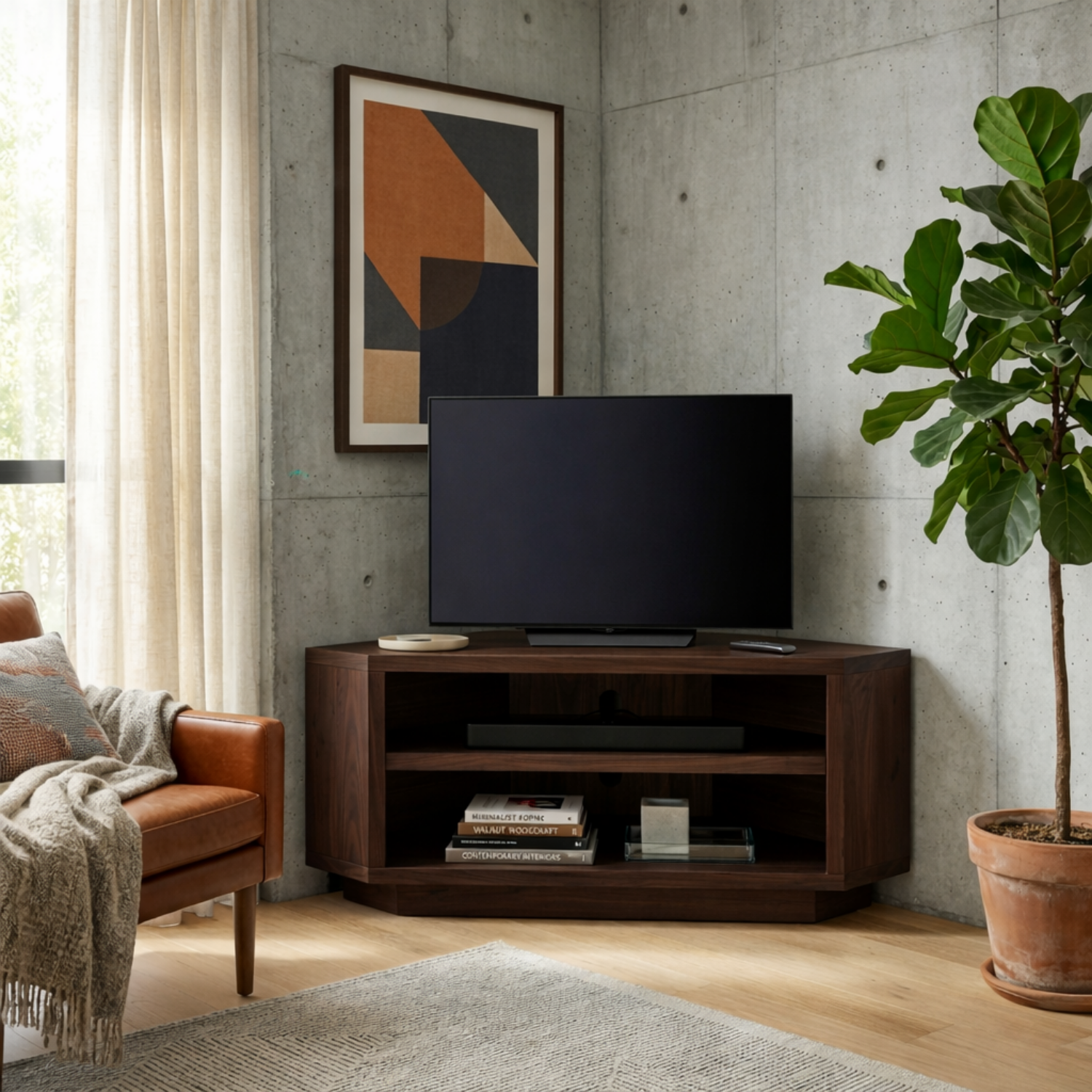 Solid Wood Corner TV Stand with Open Shelving – Space Saving Media Console