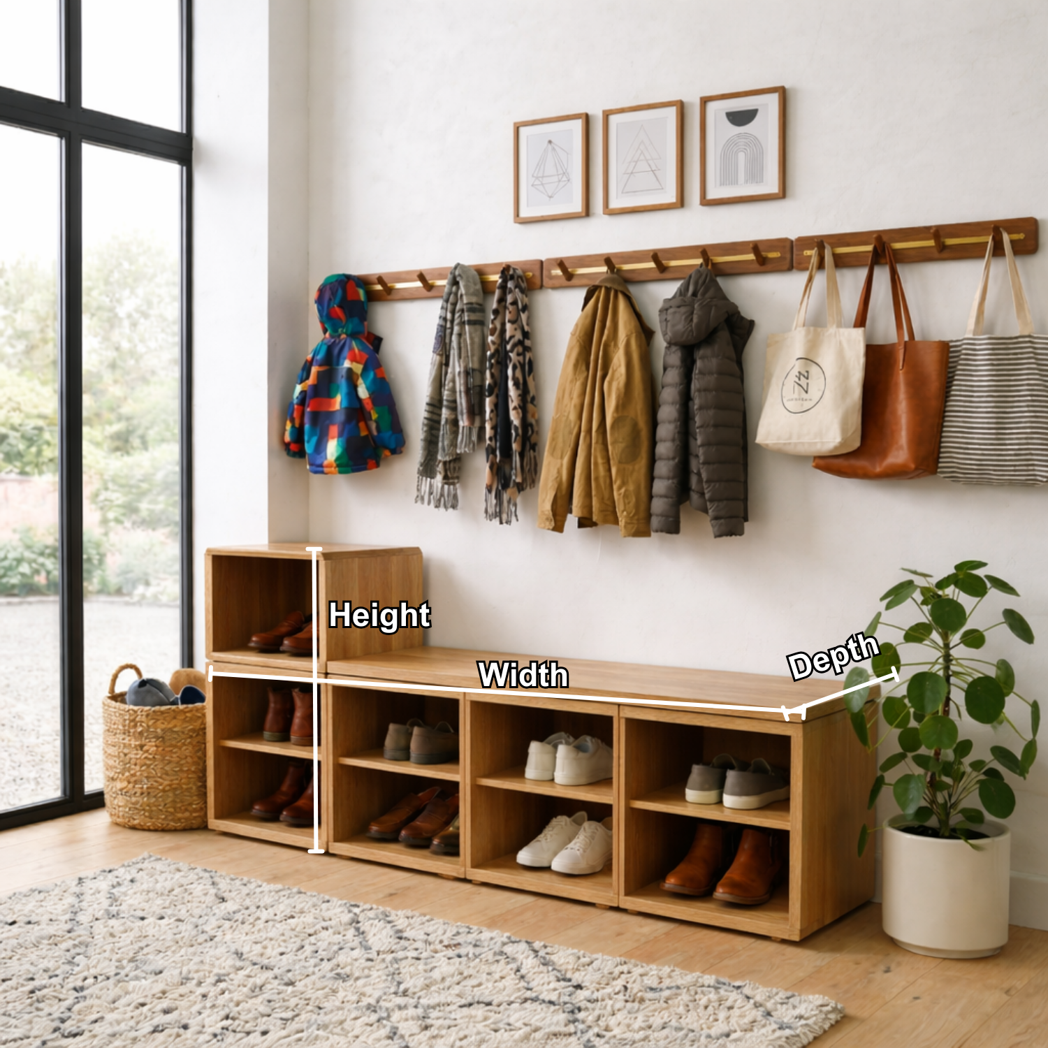Modular Solid Wood Shoe Storage Bench with Open Cubby Shelves – Entryway Shoe Bench
