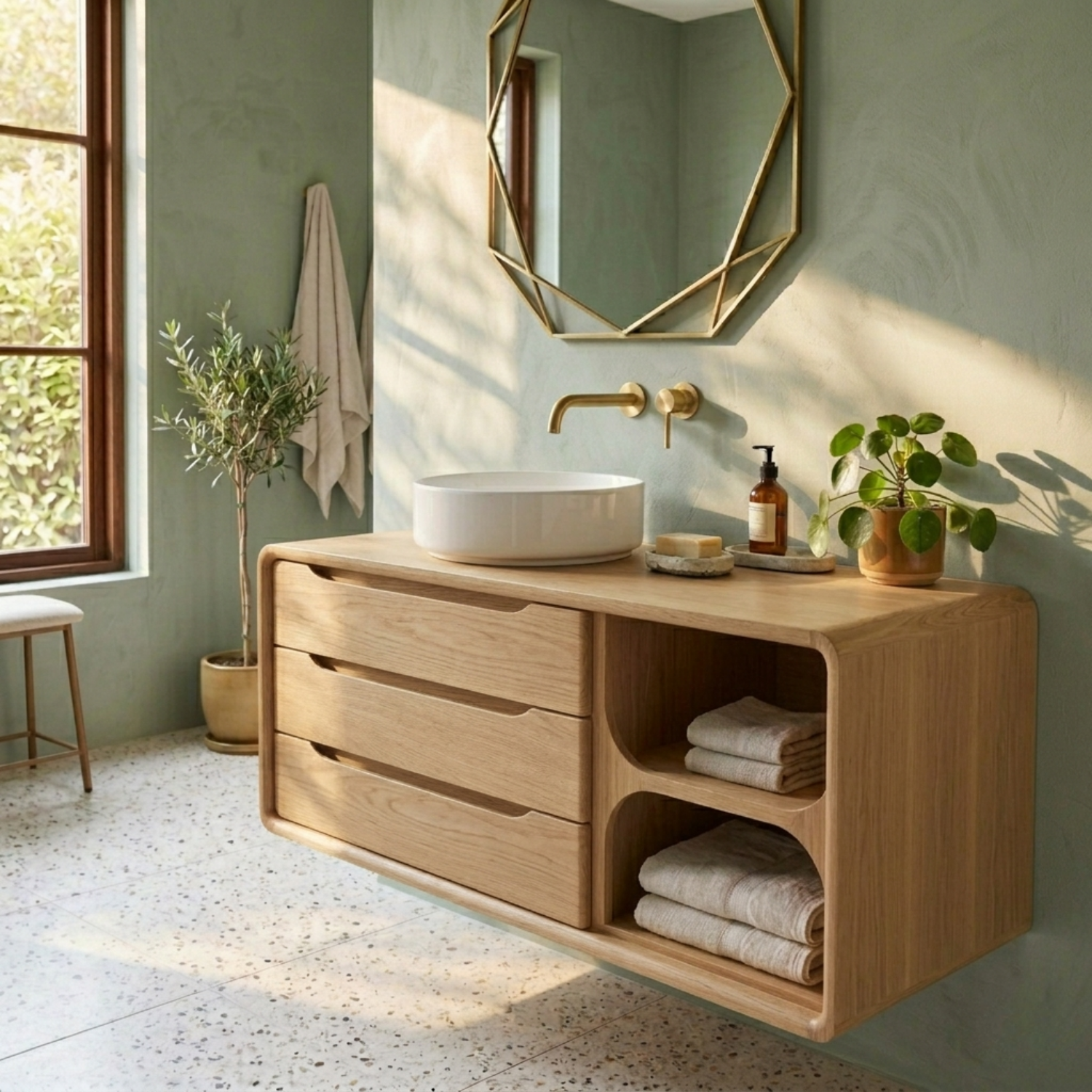 Floating Solid Wood Bathroom Vanity with Rounded Frame, Three Drawers and Side Open Shelf