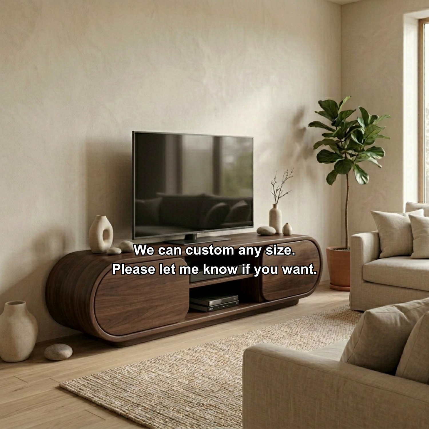 Solid Wood TV Stand with Curved Cabinet Doors and Open Shelf – Modern Media Console
