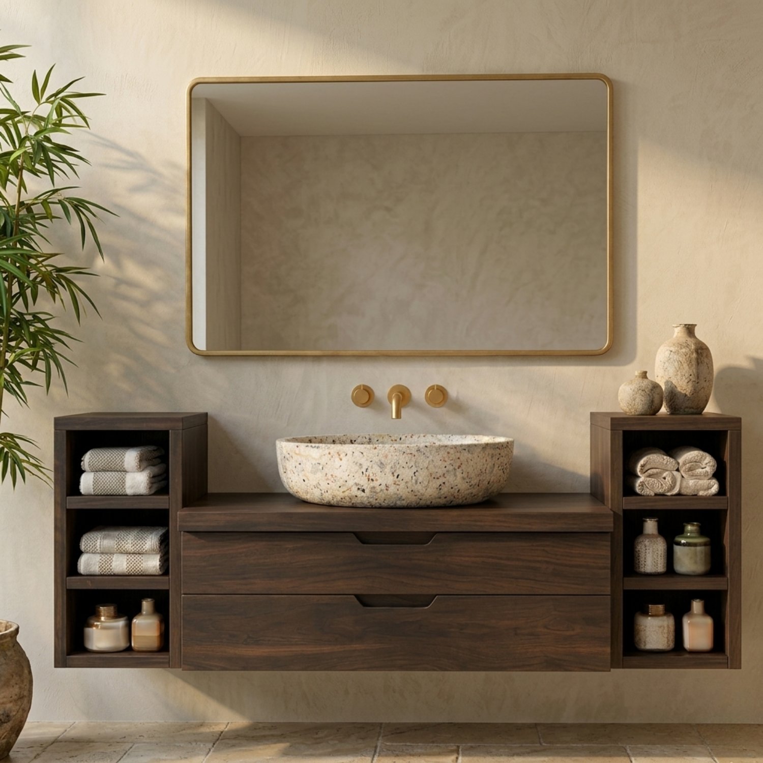 Floating Solid Wood Bathroom Vanity with Double Drawers and Open Side Shelves on Both Sides