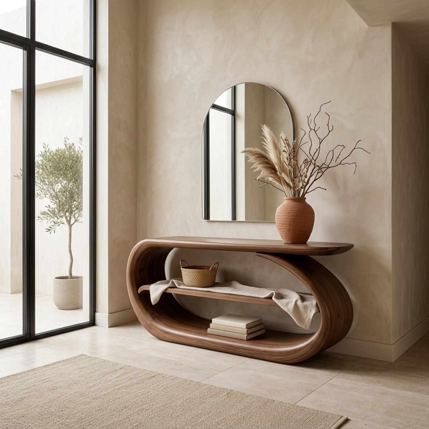 Sculptural Solid Wood Console Table with Curved Base and Shelf – Modern Entryway Table