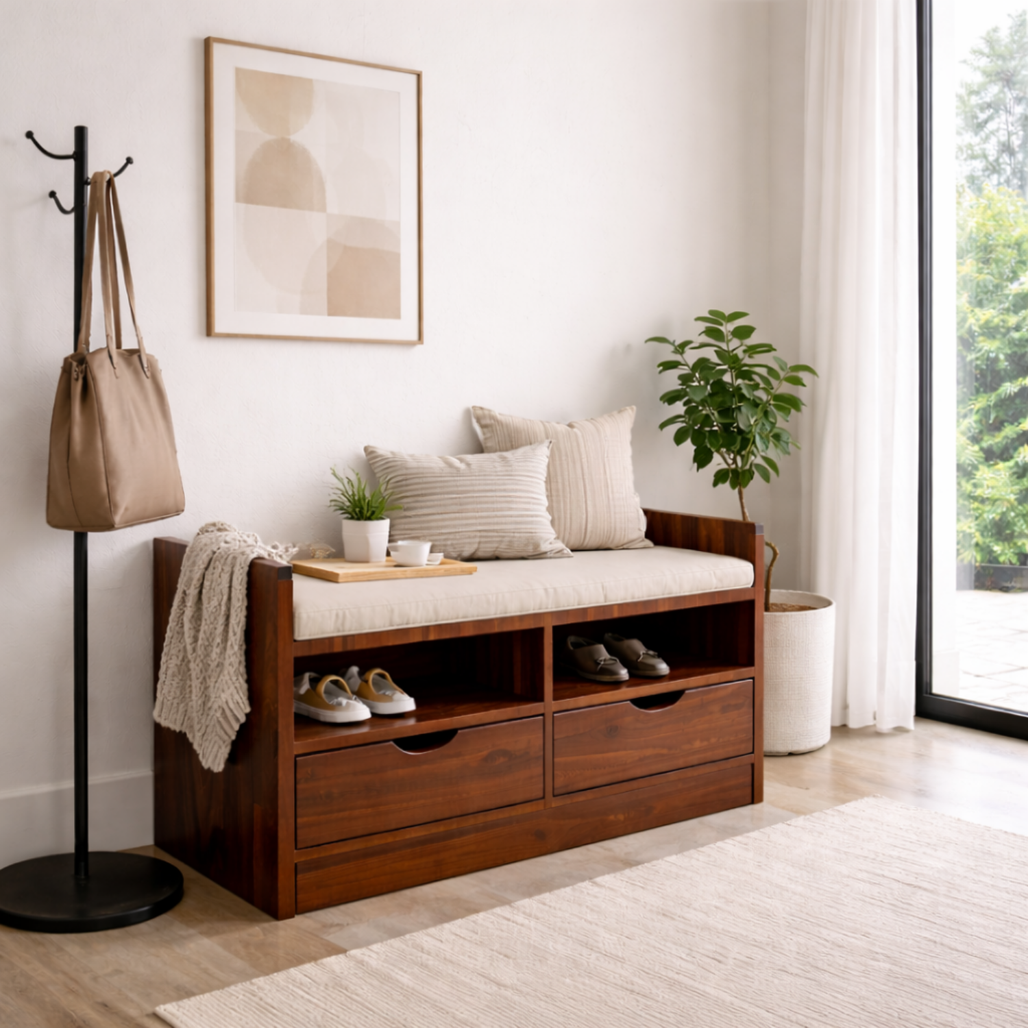 Solid Wood Storage Bench with Drawers & Open Shelf Entryway Shoe Organizer